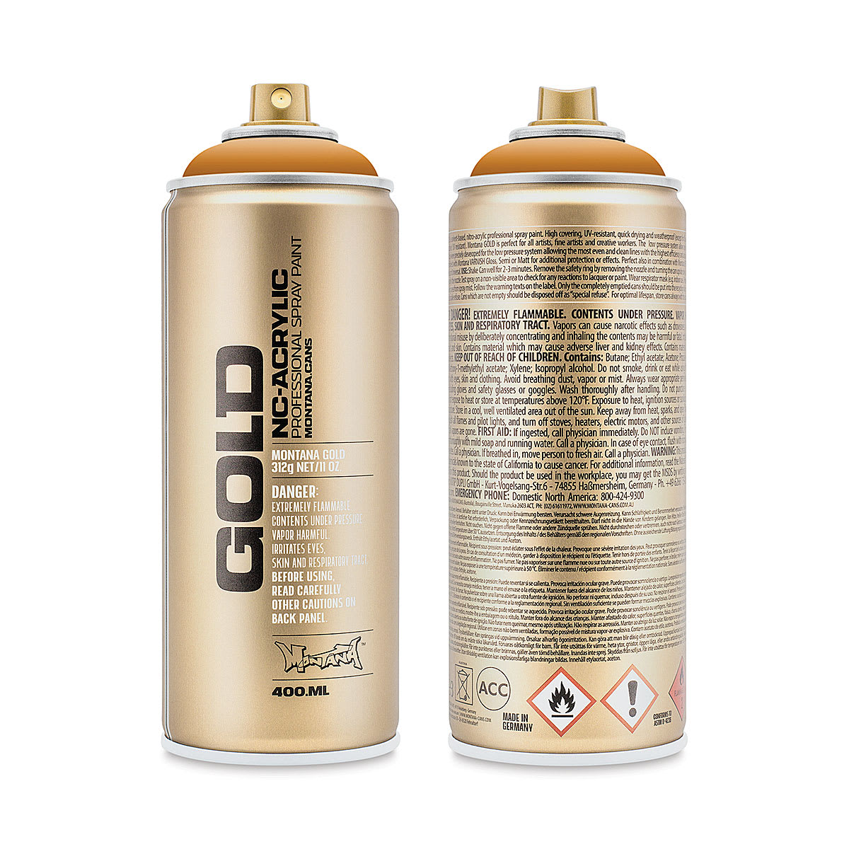 Montana Gold Acrylic Professional Spray Paint - Terra, 400 ml (Front and back of spray can)