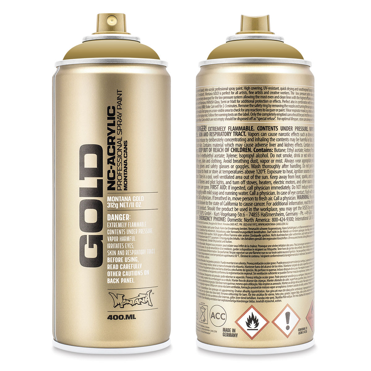 Montana Gold Acrylic Professional Spray Paint - Front and back of Sand 400 ml spray can shown