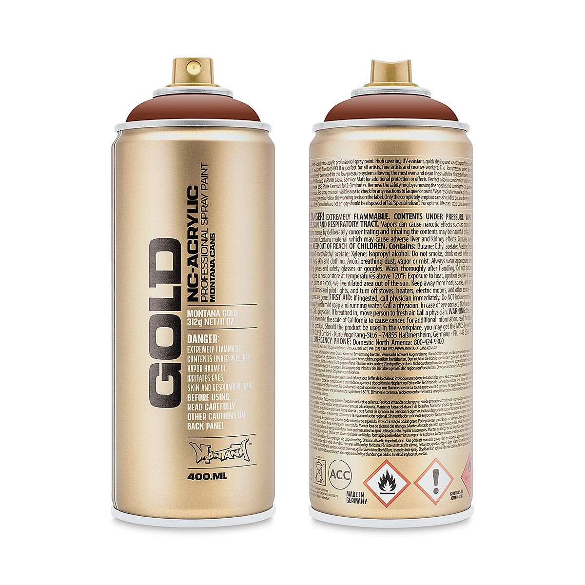 Montana Gold Acrylic Professional Spray Paint - Orange Brown, 400 ml (Front and back of spray can)
