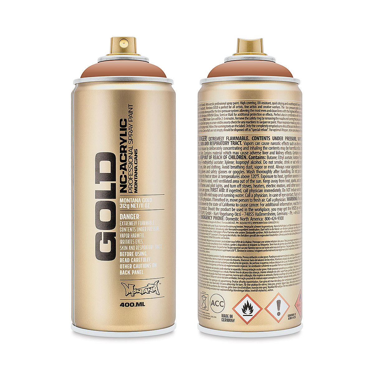 Montana Gold Acrylic Professional Spray Paint - Nougat, 400 ml (Front and back of spray can)
