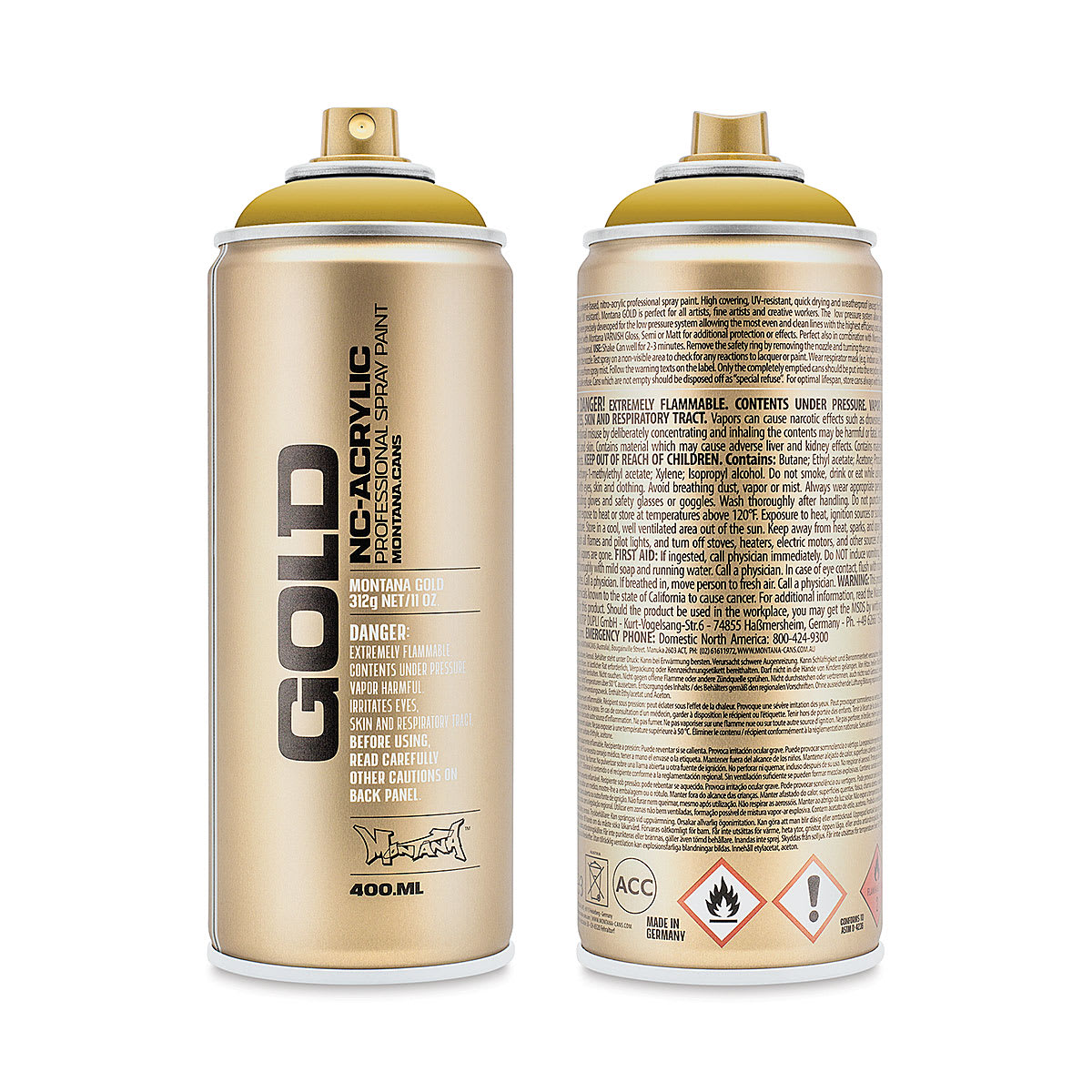 Montana Gold Acrylic Professional Spray Paint - Curry, 400 ml (Front and back of spray can)