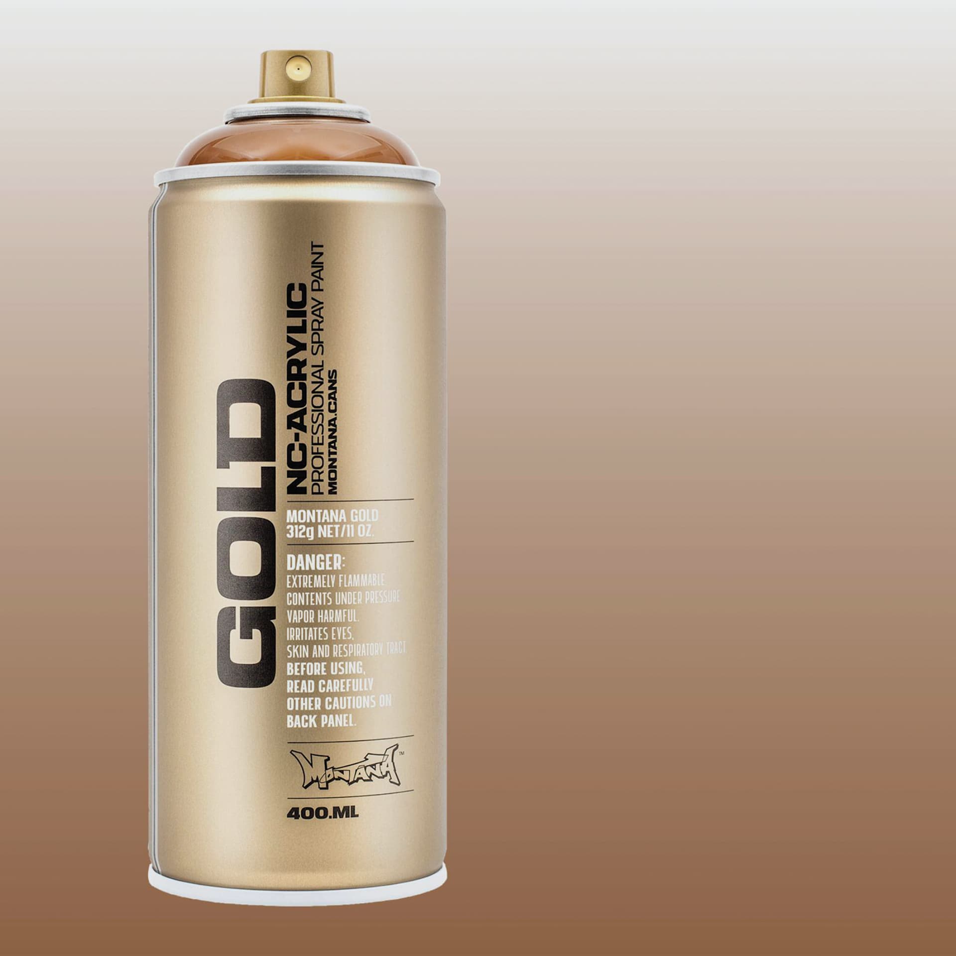 Montana Gold Acrylic Transparent Spray Paint - Transparent Hazelnut, 400 ml can with color swatch