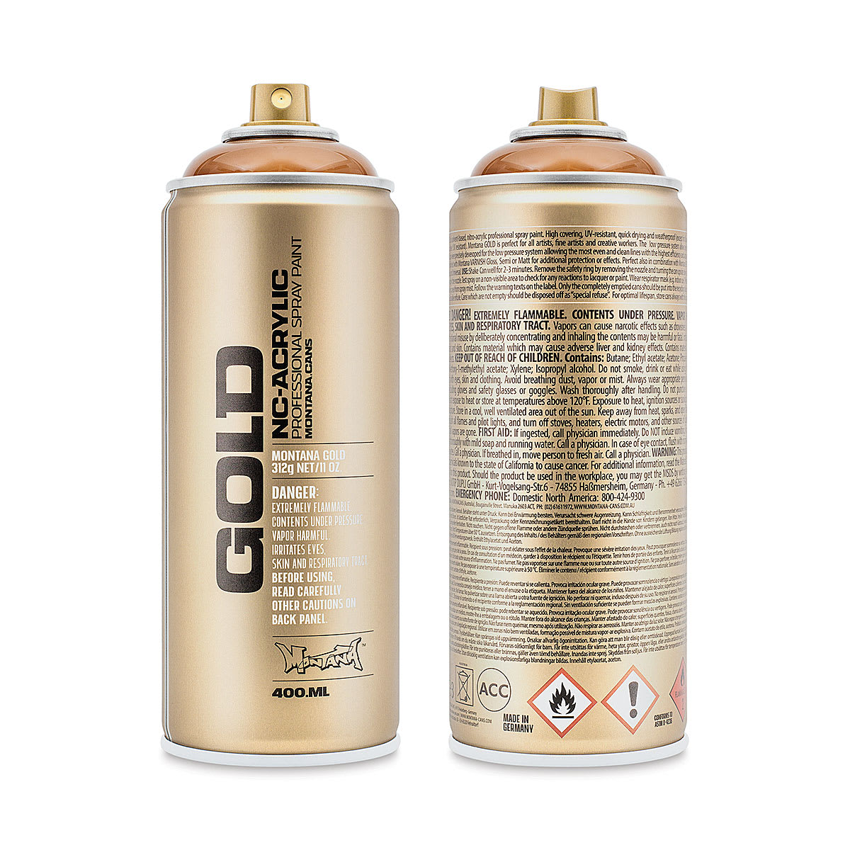 Montana Gold Acrylic Transparent Spray Paint - Transparent Hazelnut, 400 ml (Front and back of spray can)