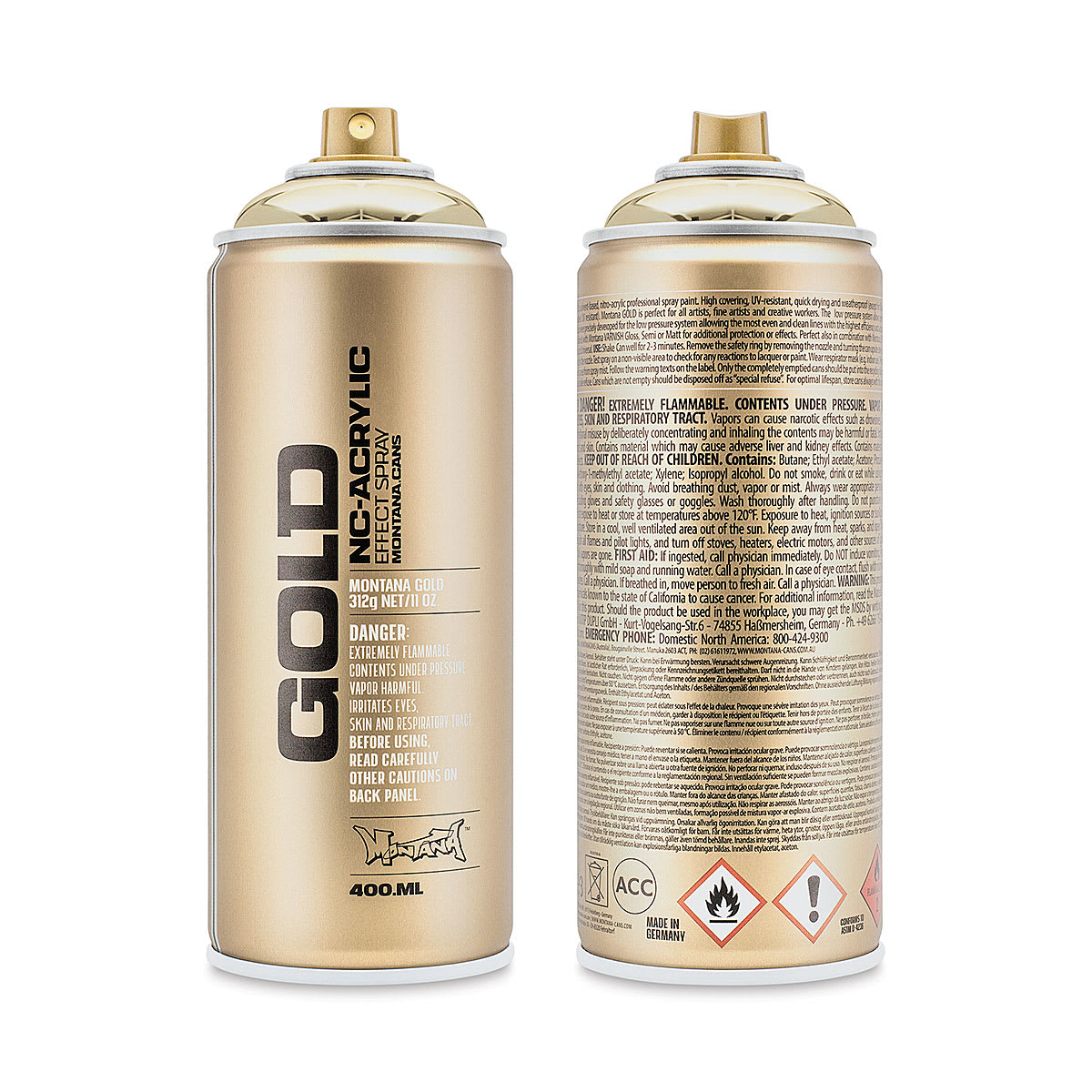 Montana Gold Acrylic Chrome Effect Spray Paint - Goldchrome (Metallic), 400 ml (Front and back of spray can)