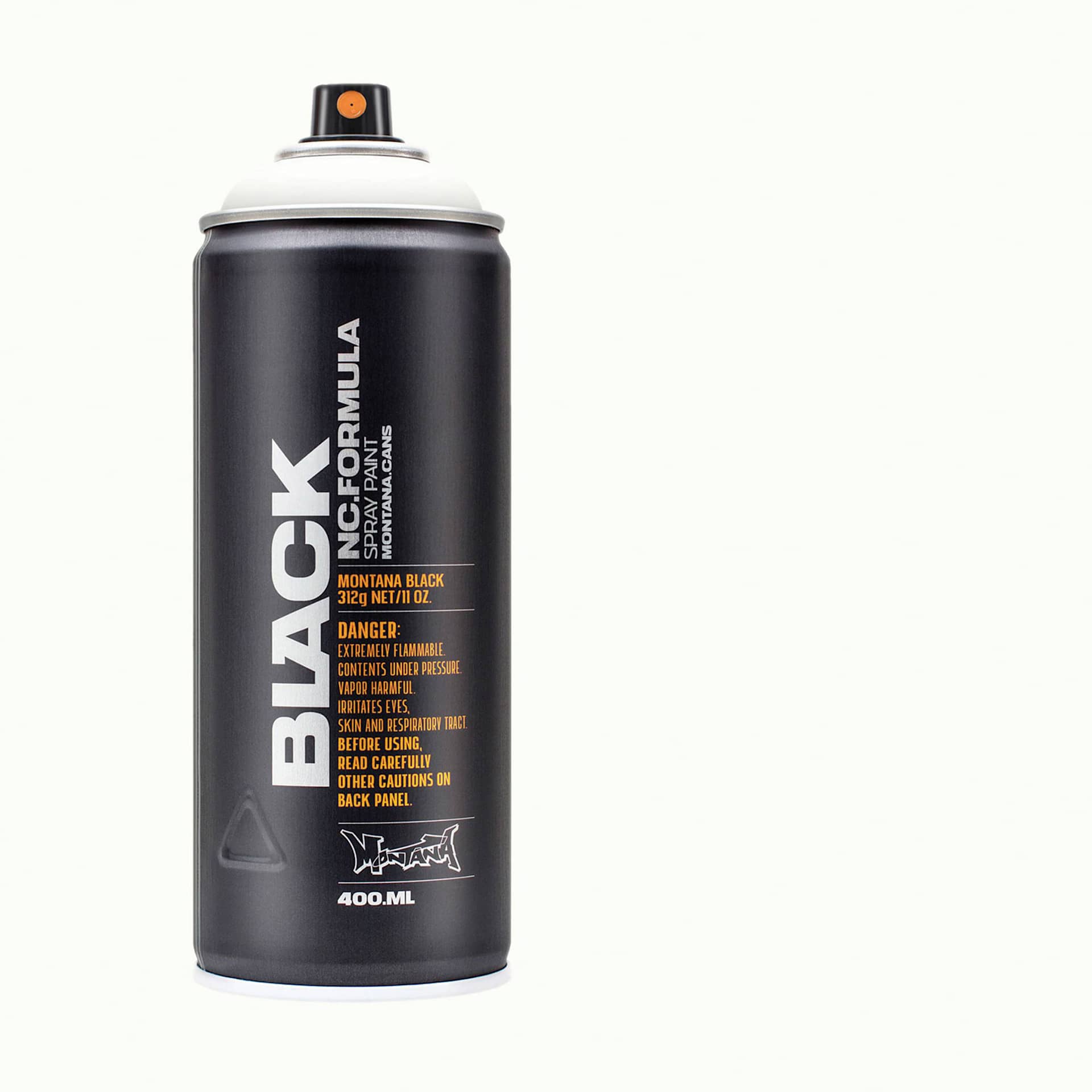Montana Black Spray Paint - White, 400 ml can with swatch