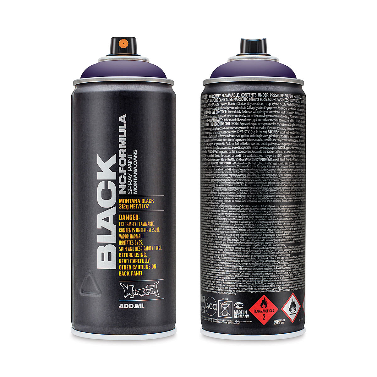 Montana Black Spray Paint - Front and Back of can of Universe color
