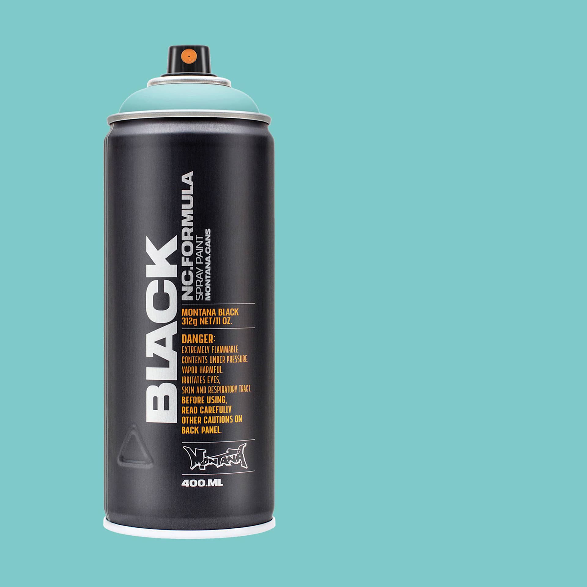 Montana Black Spray Paint - Tiffany, 400 ml can with swatch