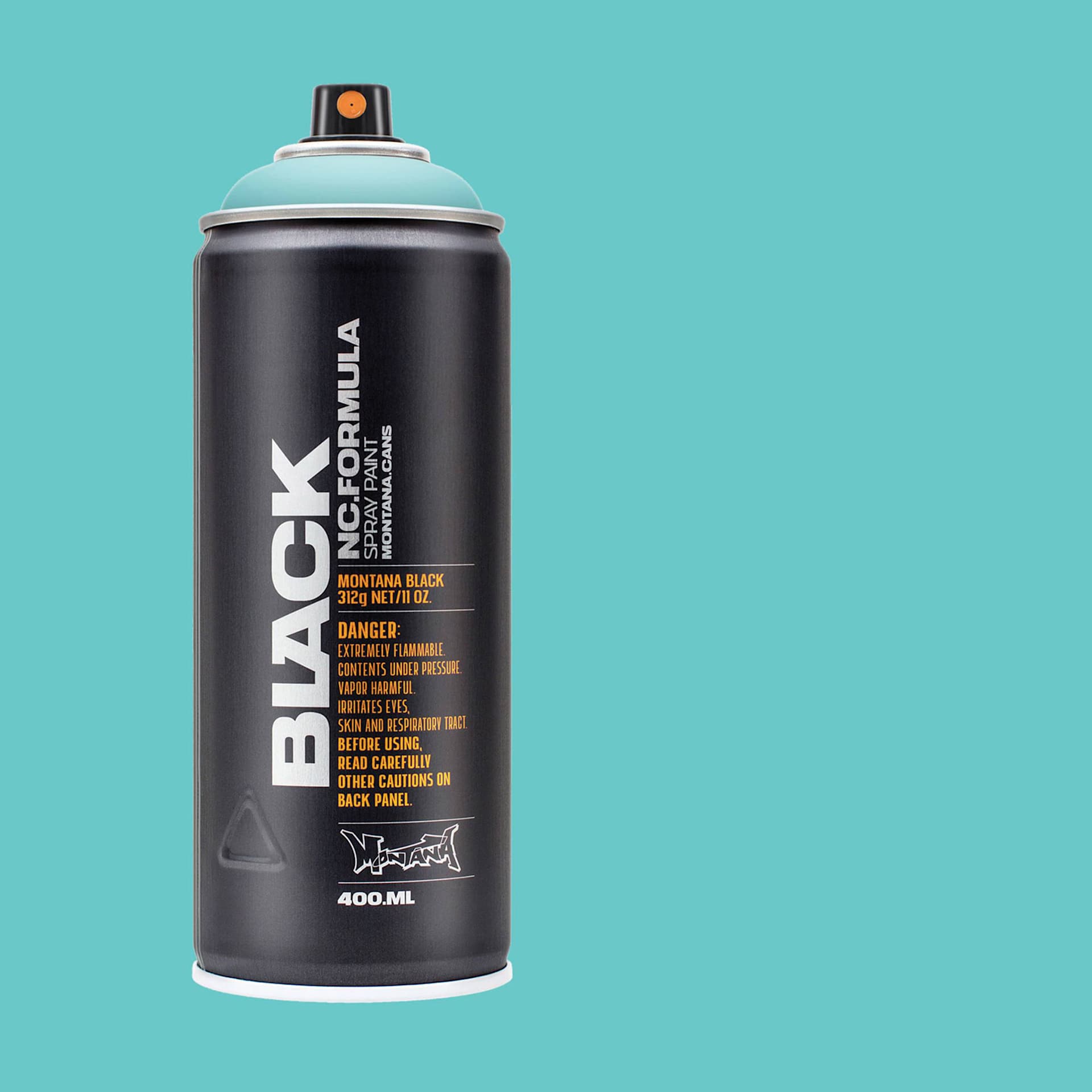 Montana Black Spray Paint - Drops, 400 ml can with swatch