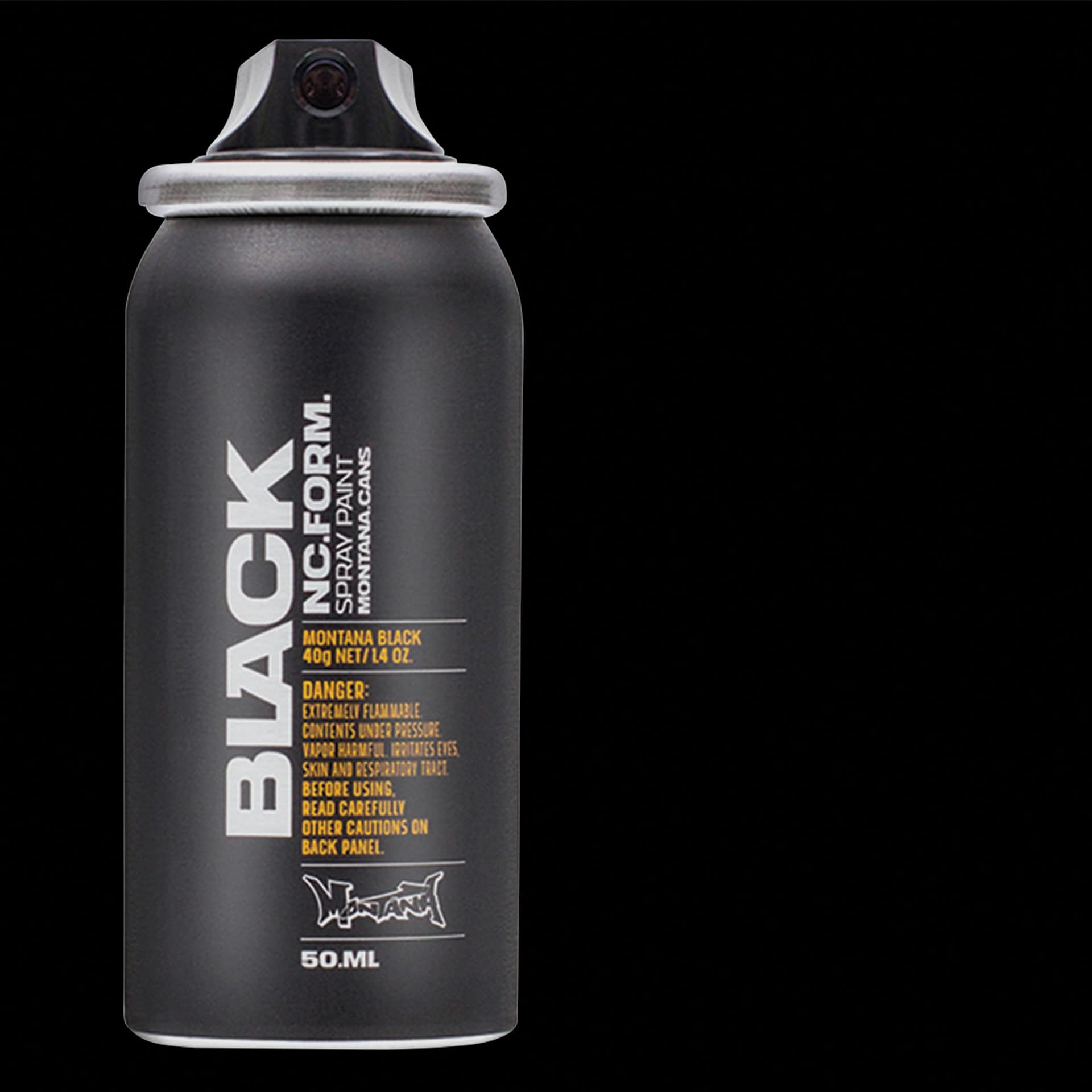 Montana Black Spray Paint - Black, 50 ml can with swatch