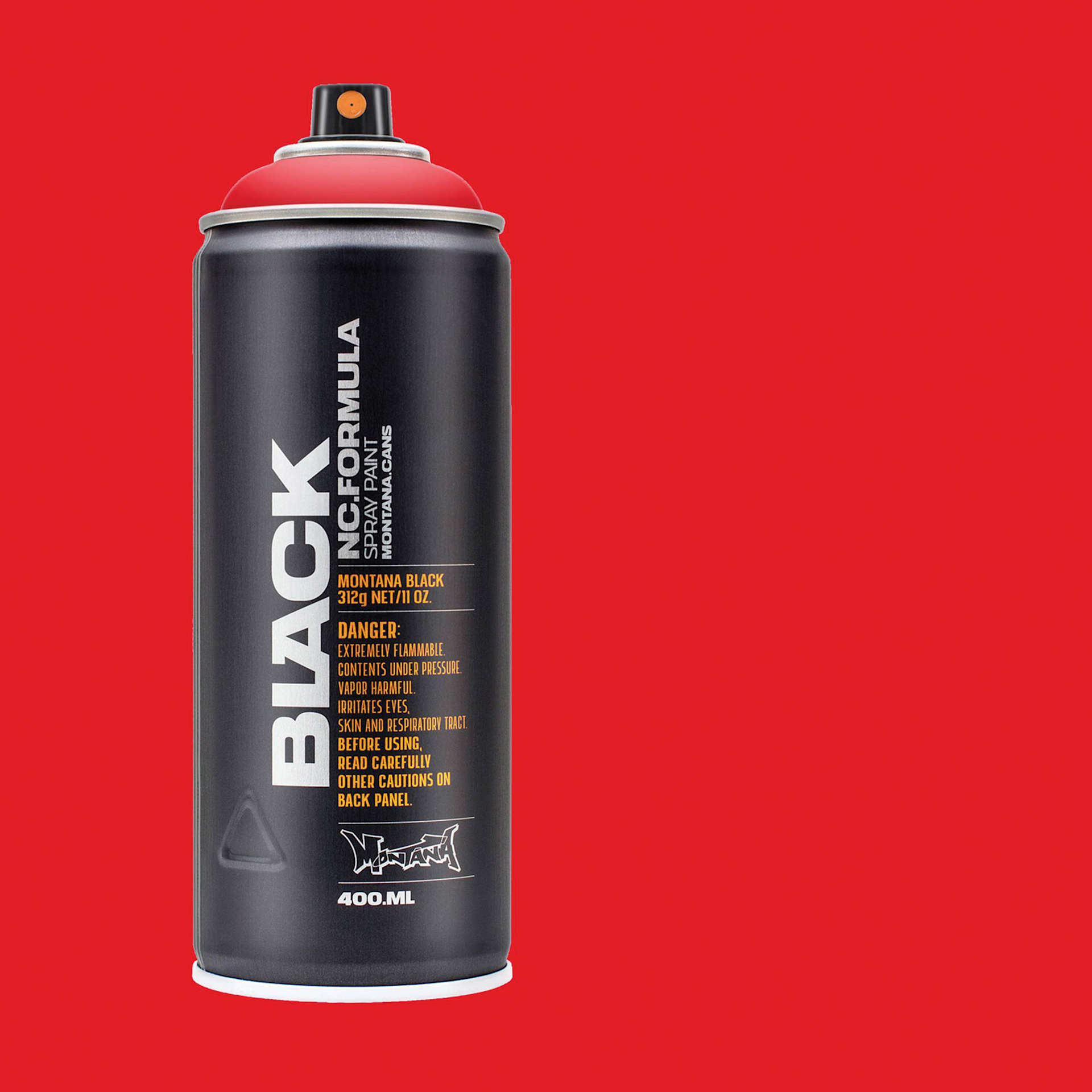 Montana Black Spray Paint - Code Red, 400 ml can with swatch