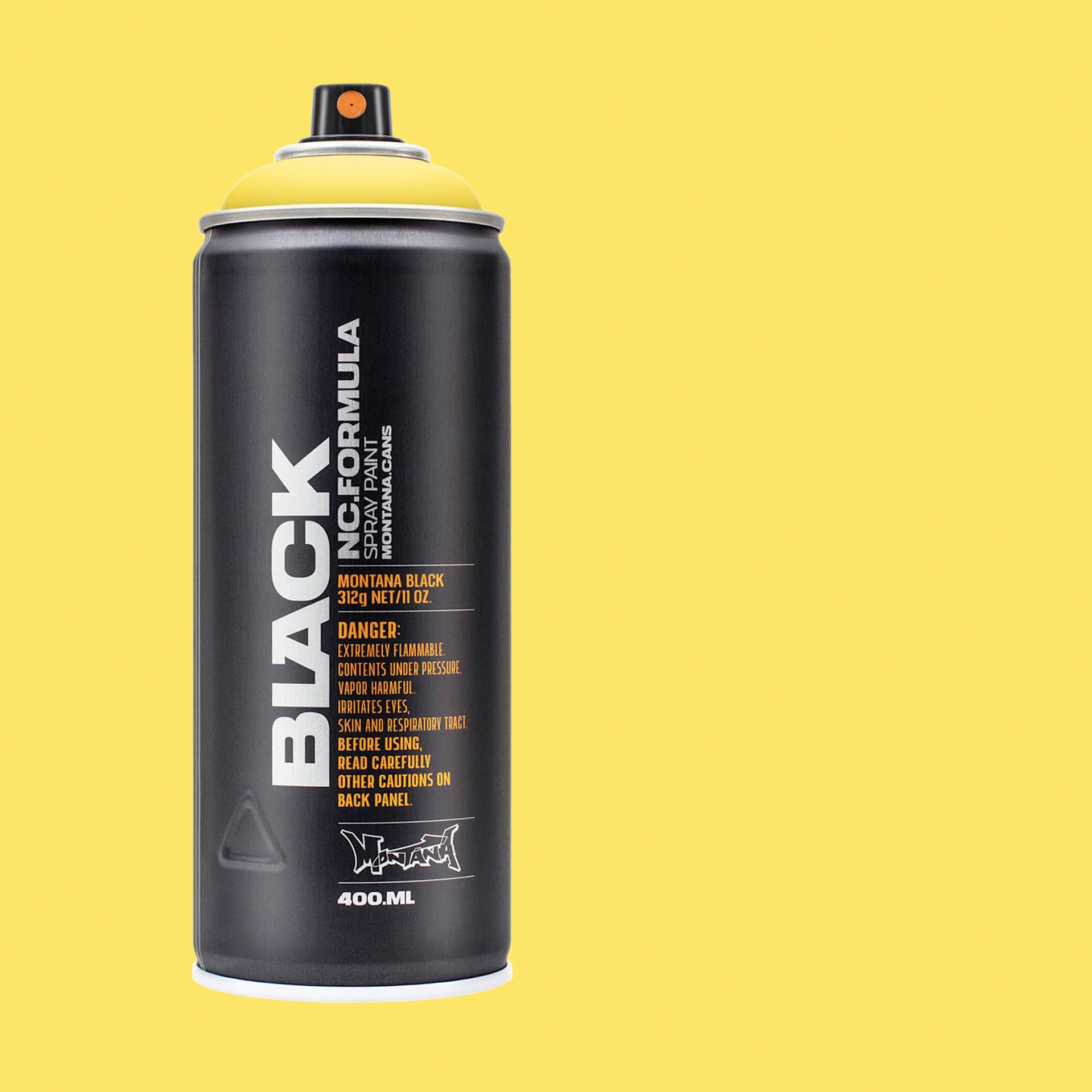 Montana Black Spray Paint - Easter Yellow, 400 ml can with swatch