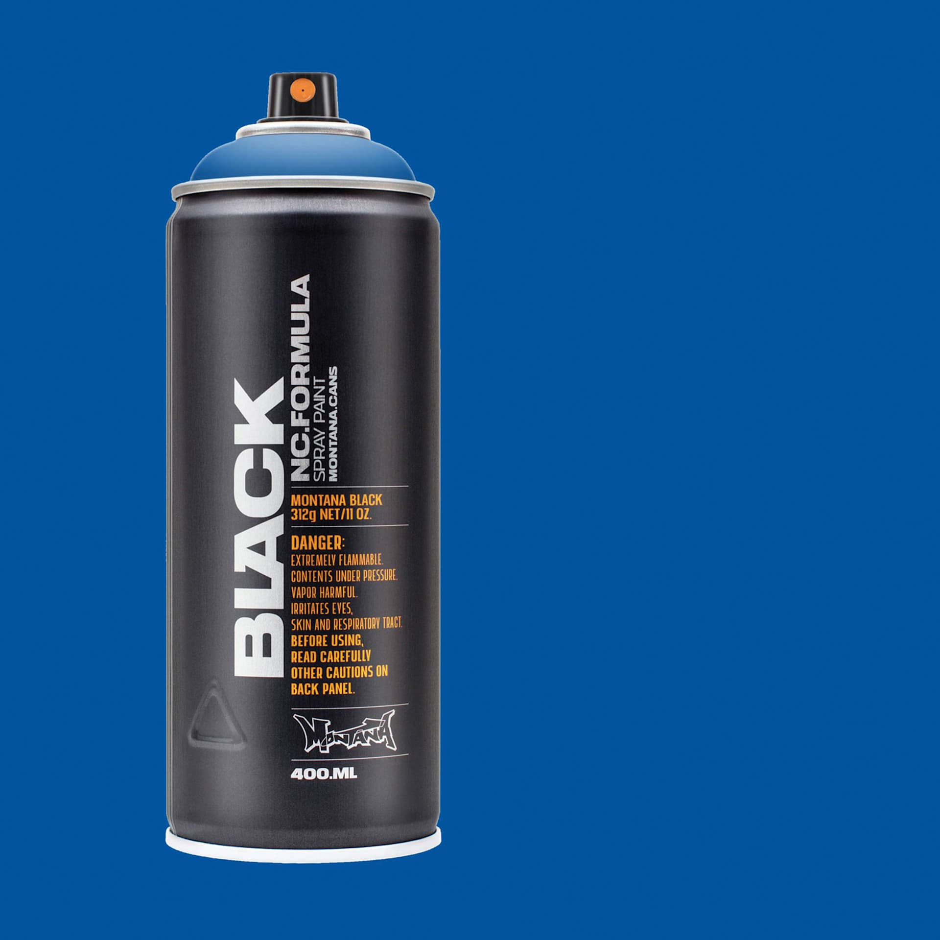 Montana Black Spray Paint - Power Blue, 400 ml can with swatch