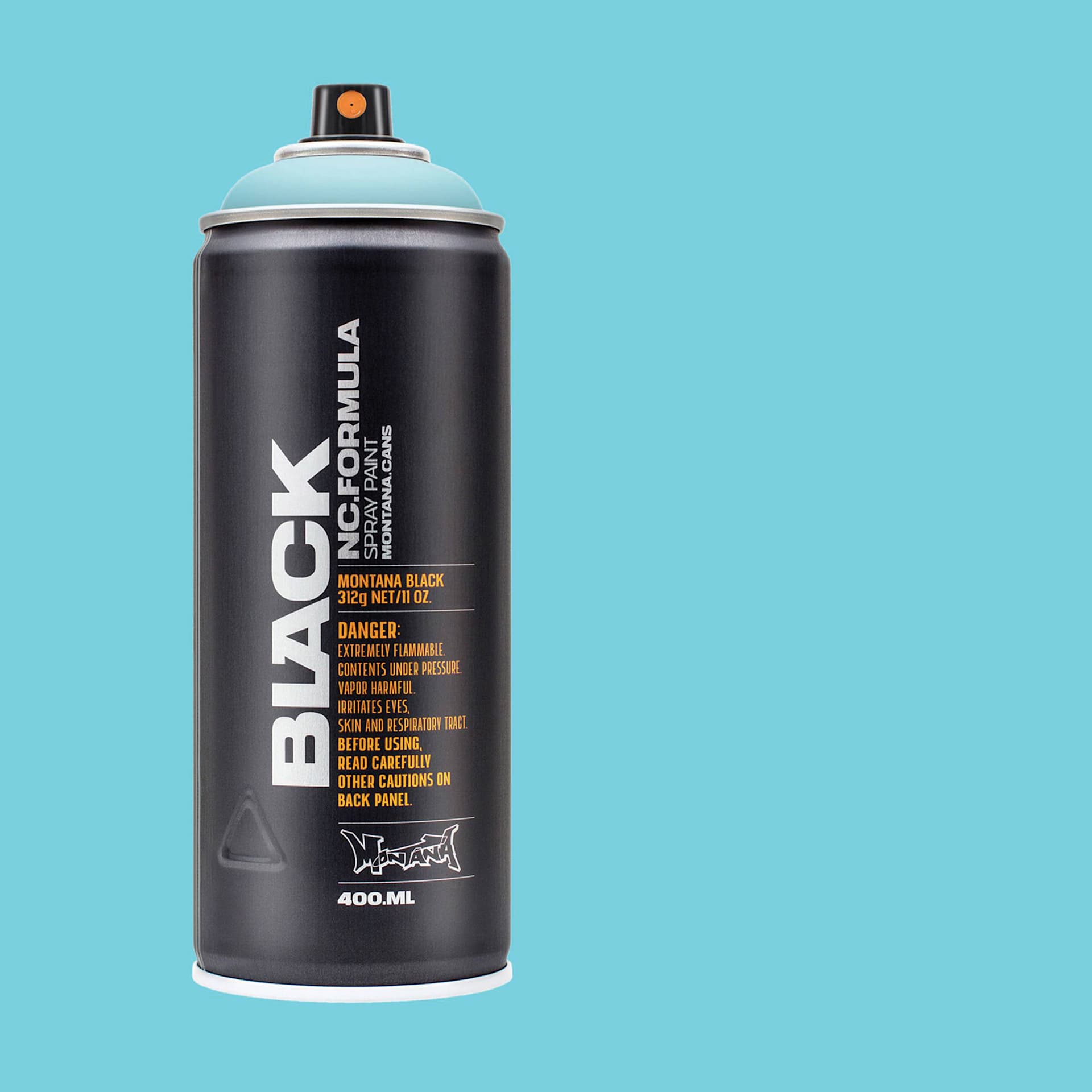 Montana Black Spray Paint - True Cyan 50%, 400 ml can with swatch
