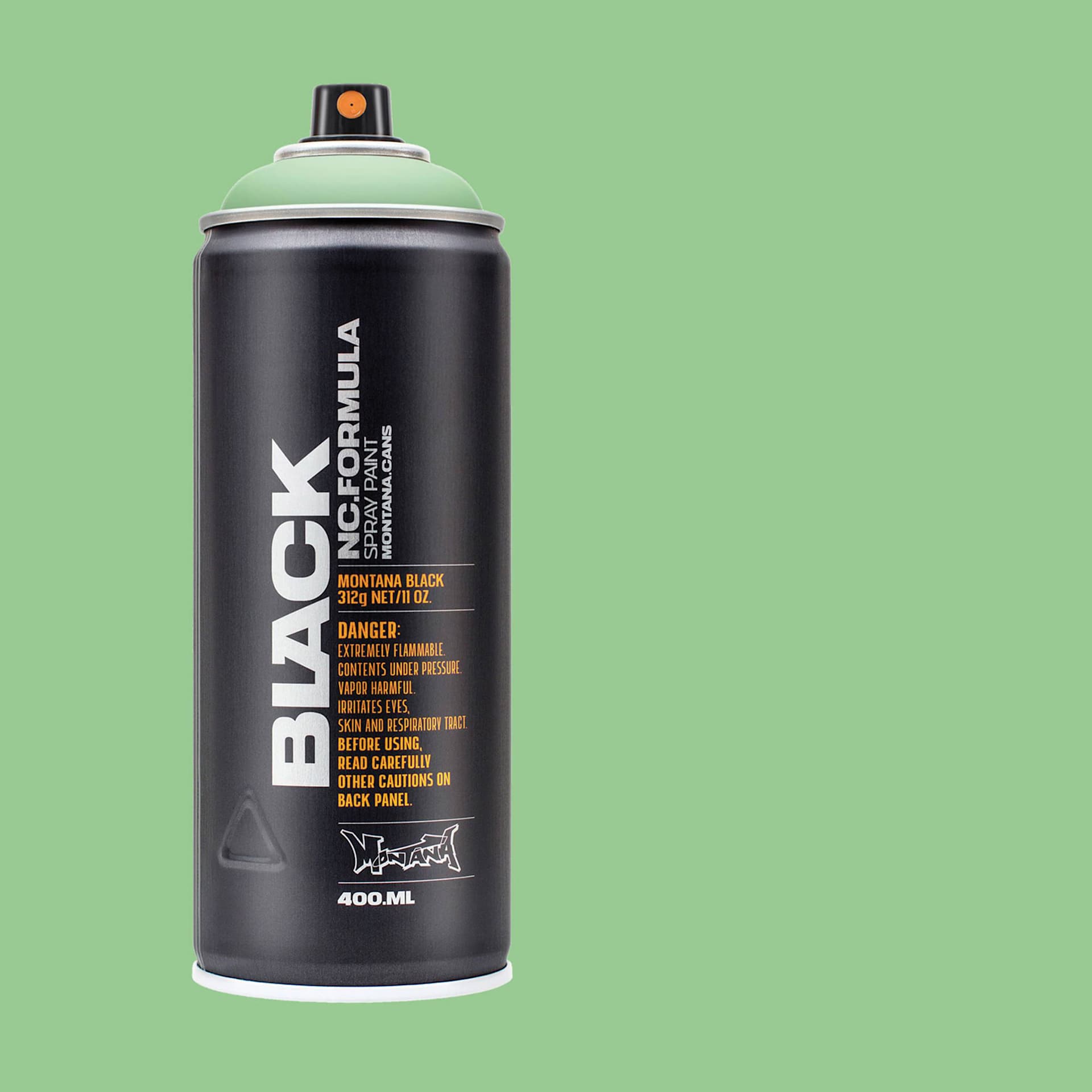 Montana Black Spray Paint - E2E Green, 400 ml can with swatch