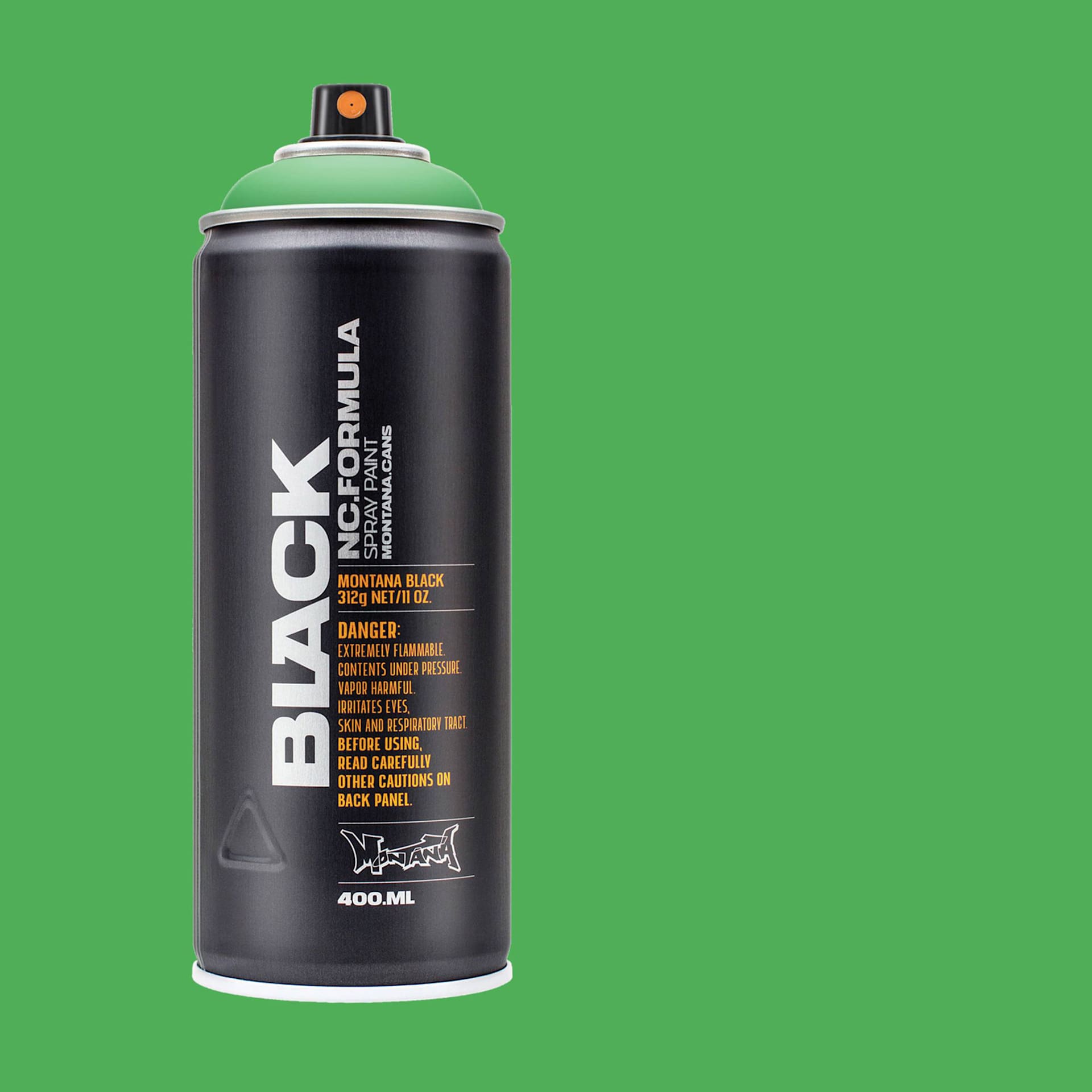 Montana Black Spray Paint - Revolt Green, 400 ml can with swatch