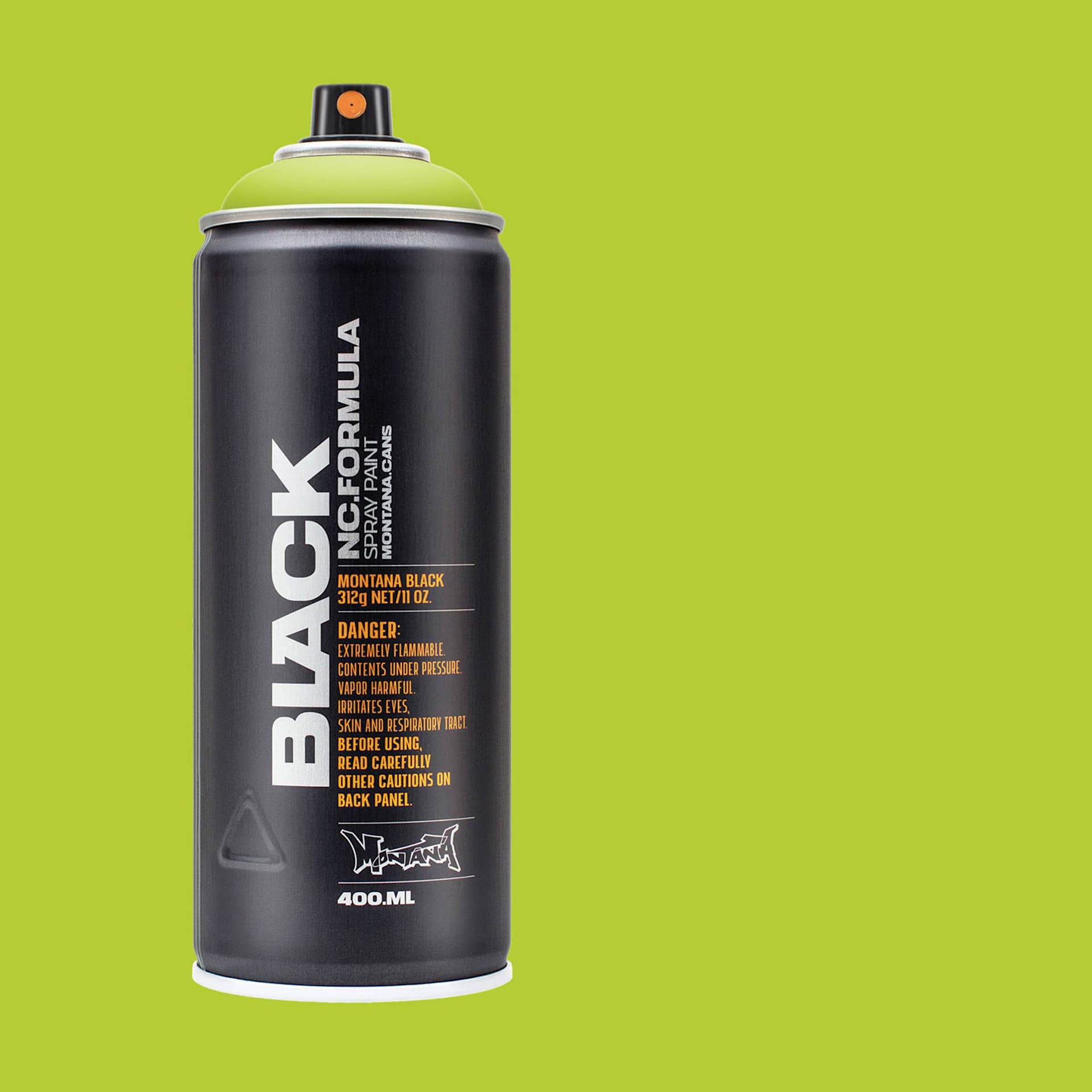 Montana Black Spray Paint - Wild Lime, 400 ml can with swatch