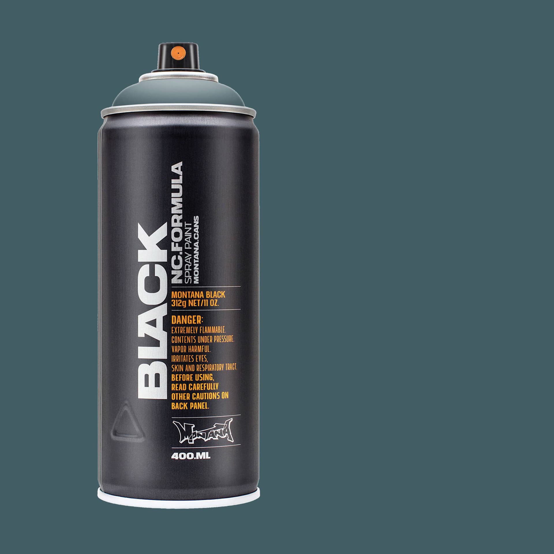 Montana Black Spray Paint - Seal, 400 ml can with swatch