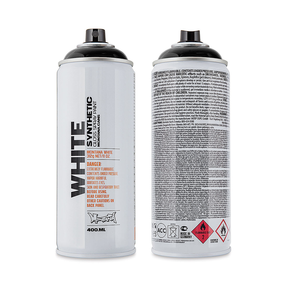 Montana White Spray Paint - Black, 400 ml (Front and back of spray can)