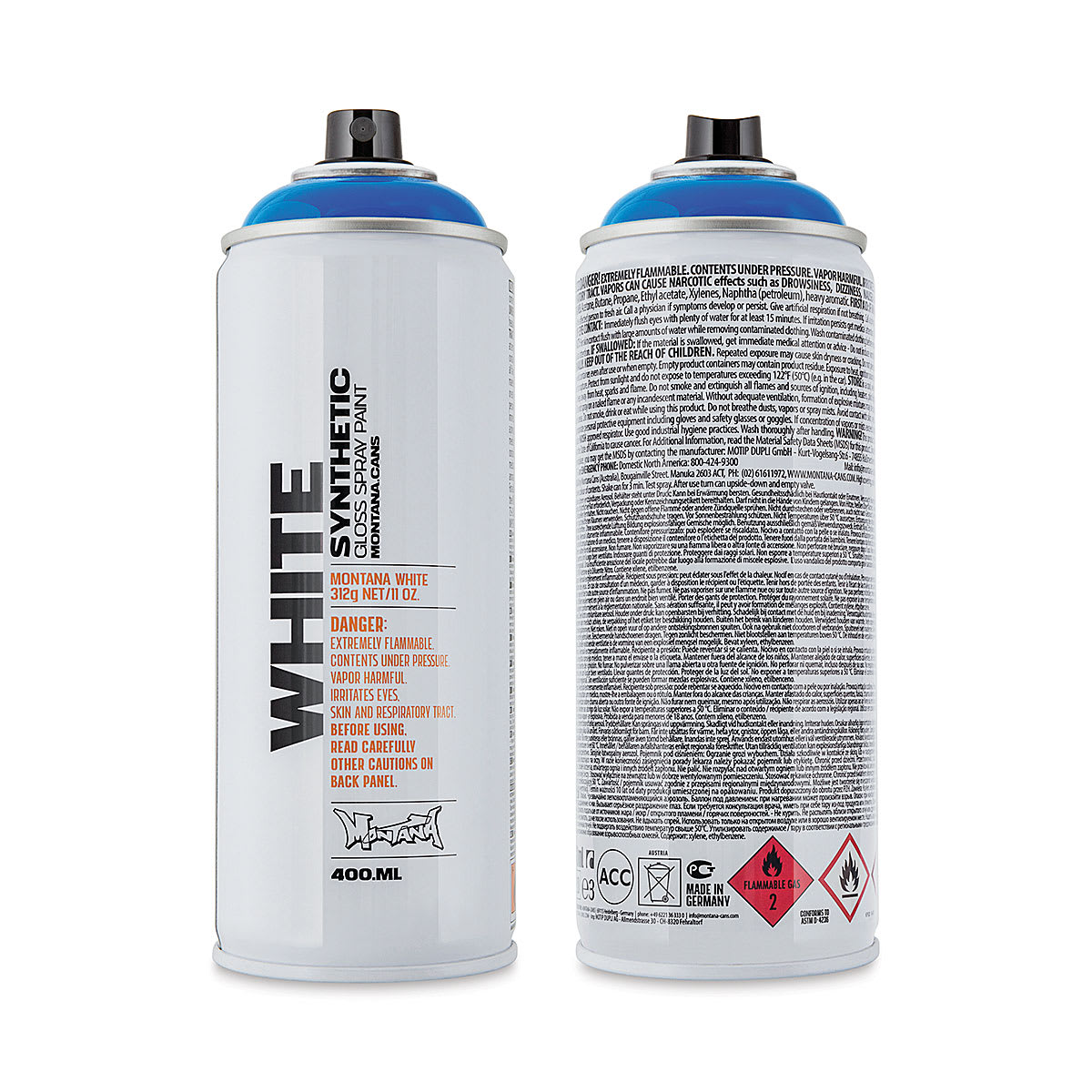 Montana White Spray Paint - Bavaria Blue, 400 ml (Front and back of spray can)