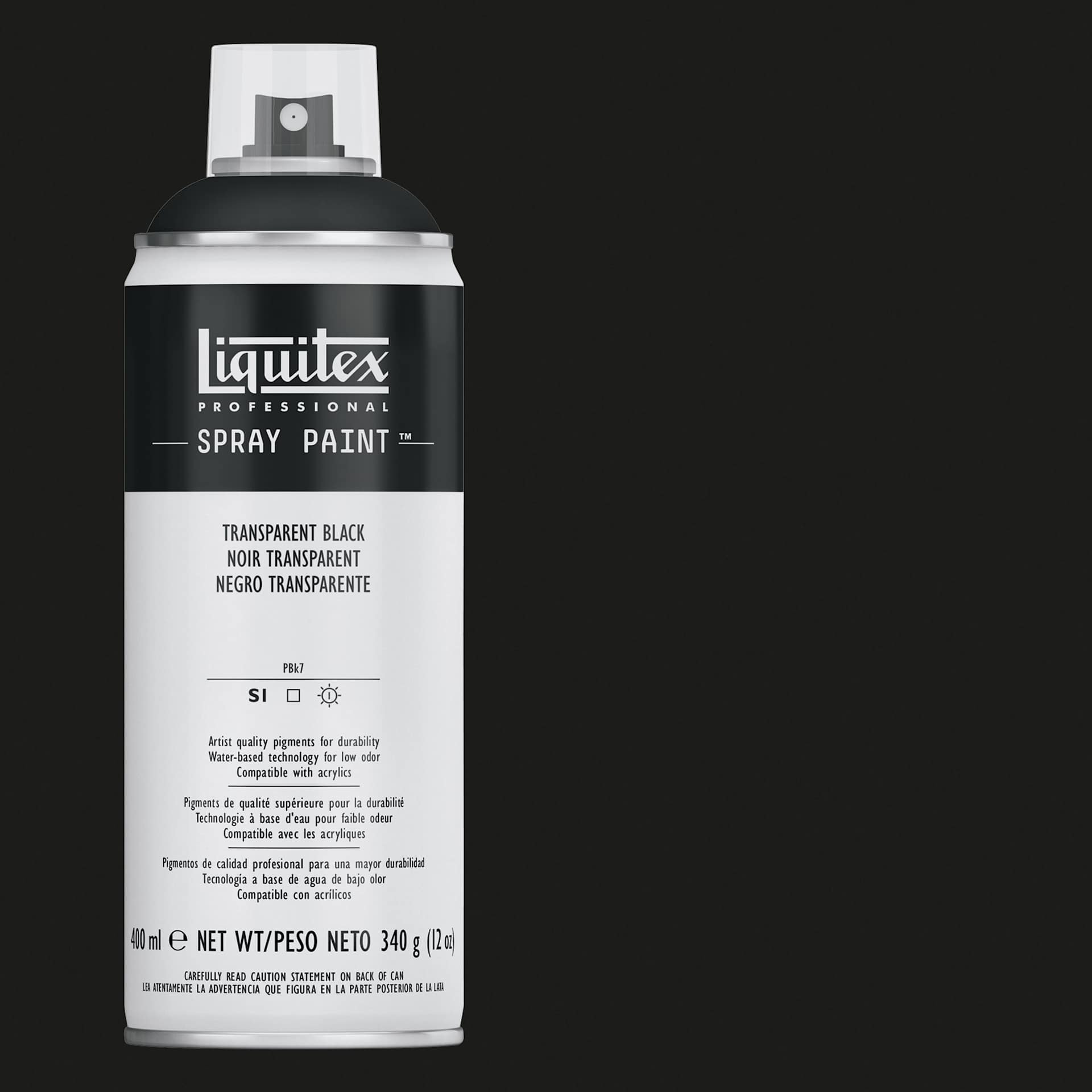 Liquitex Professional Spray Paint - Transparent Black, 400 ml can and swatch