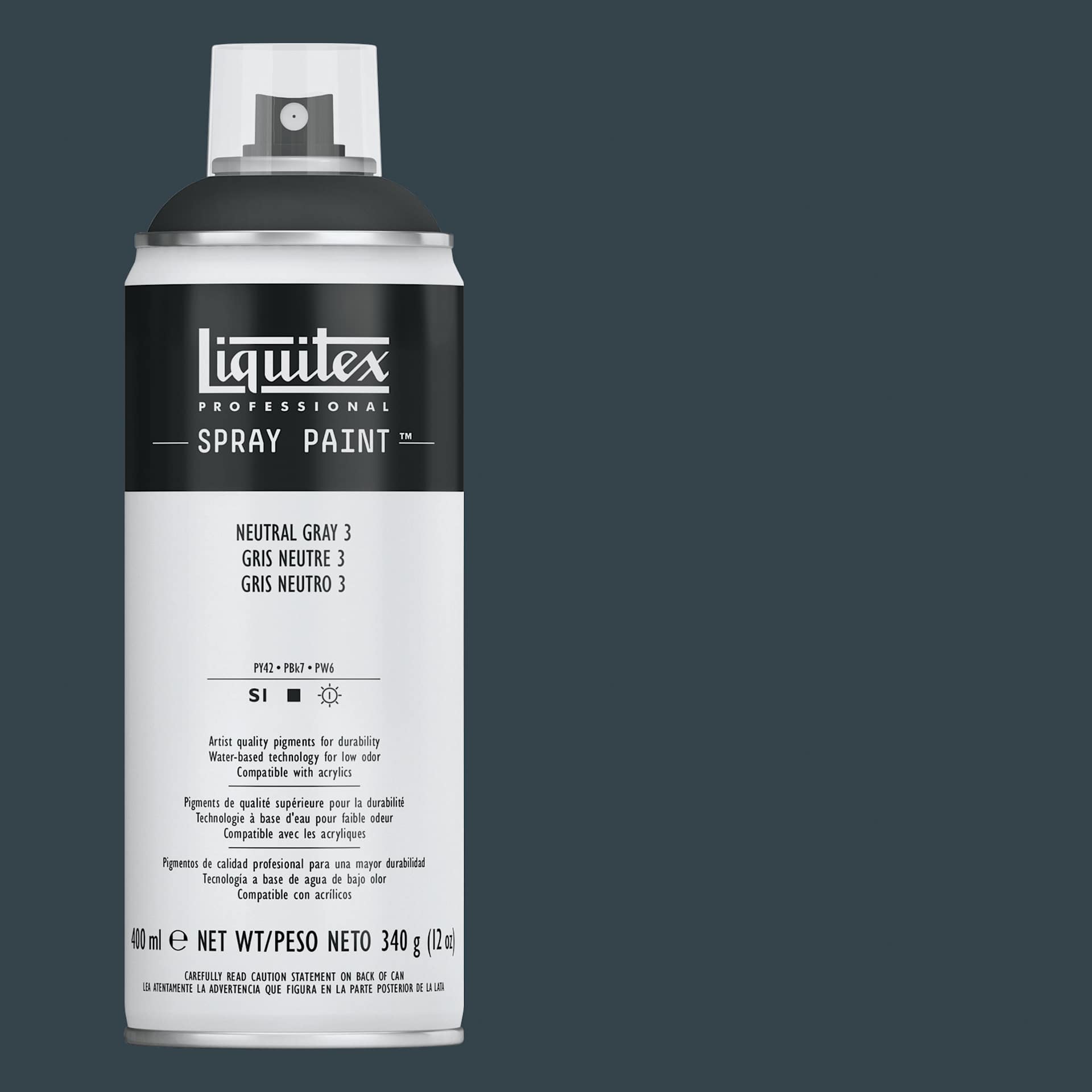 Liquitex Professional Spray Paint - Neutral Gray 3, 400 ml can and swatch