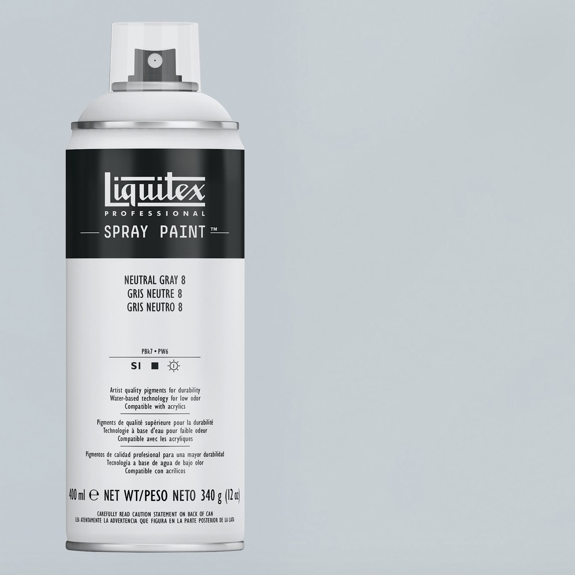 Liquitex Professional Spray Paint - Neutral Gray 8, 400 ml can and swatch
