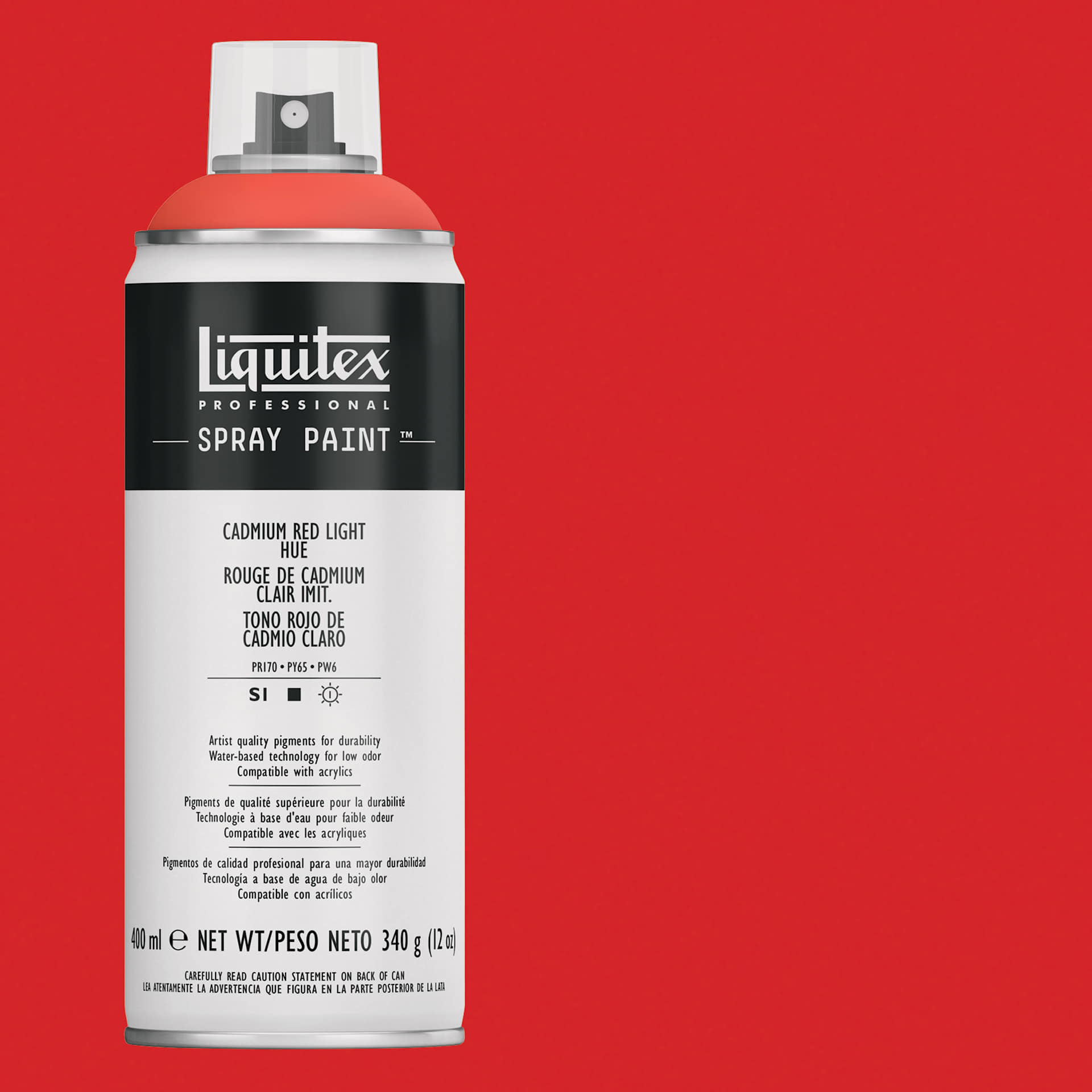 Liquitex Professional Spray Paint - Cadmium Red Light Hue, 400 ml can and swatch