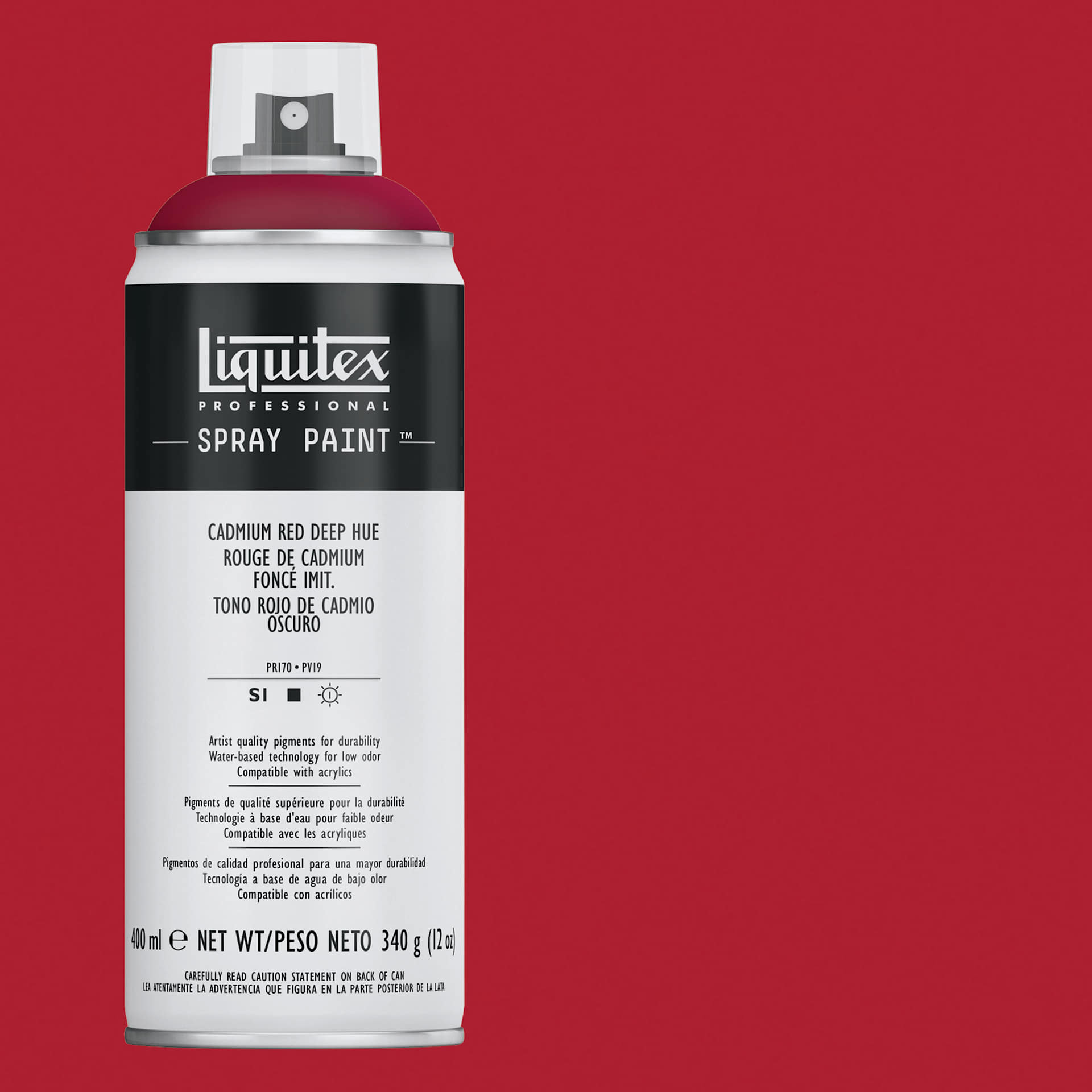 Liquitex Professional Spray Paint - Cadmium Red Deep Hue, 400 ml can and swatch