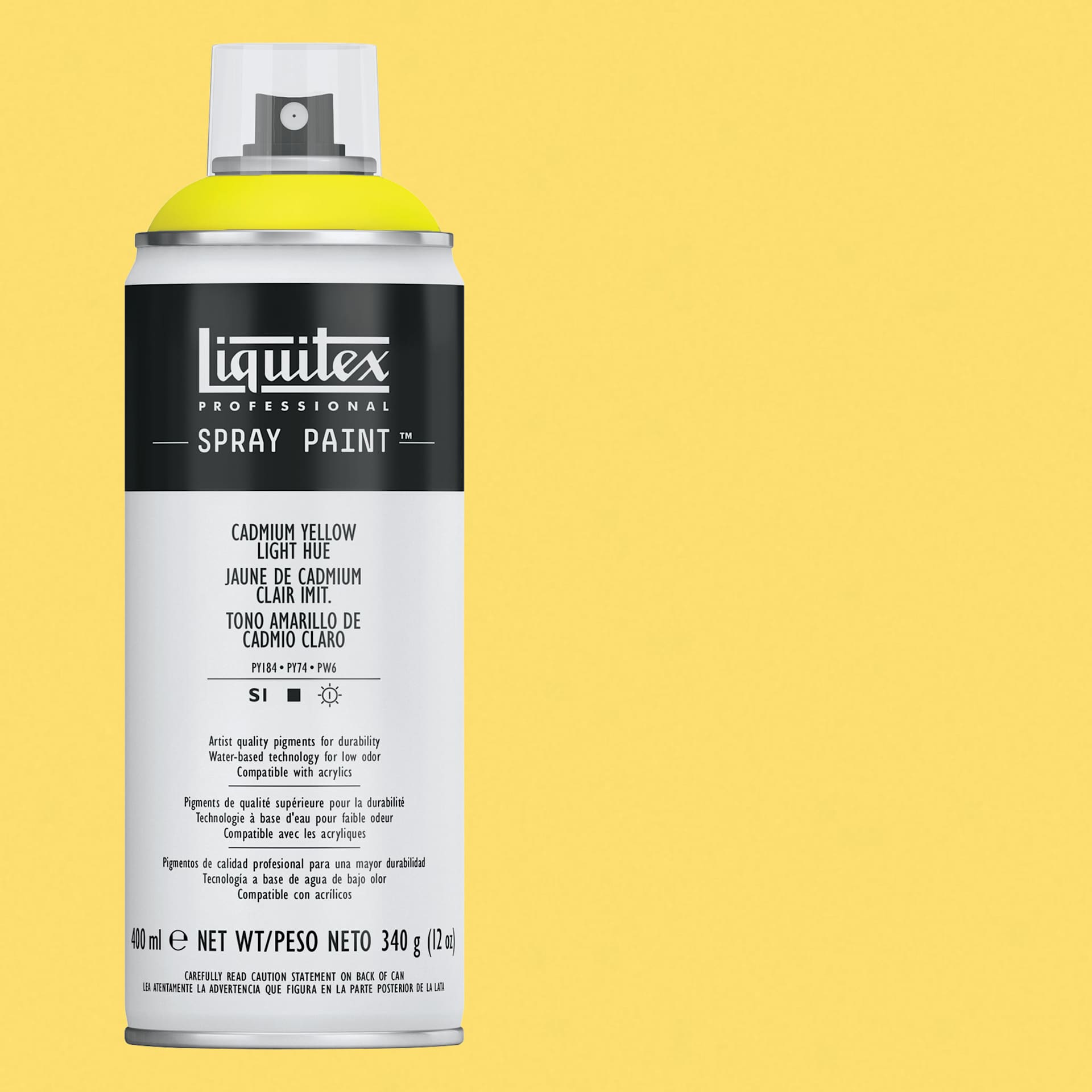 Liquitex Professional Spray Paint - Cadmium Yellow Light Hue, 400 ml can and swatch