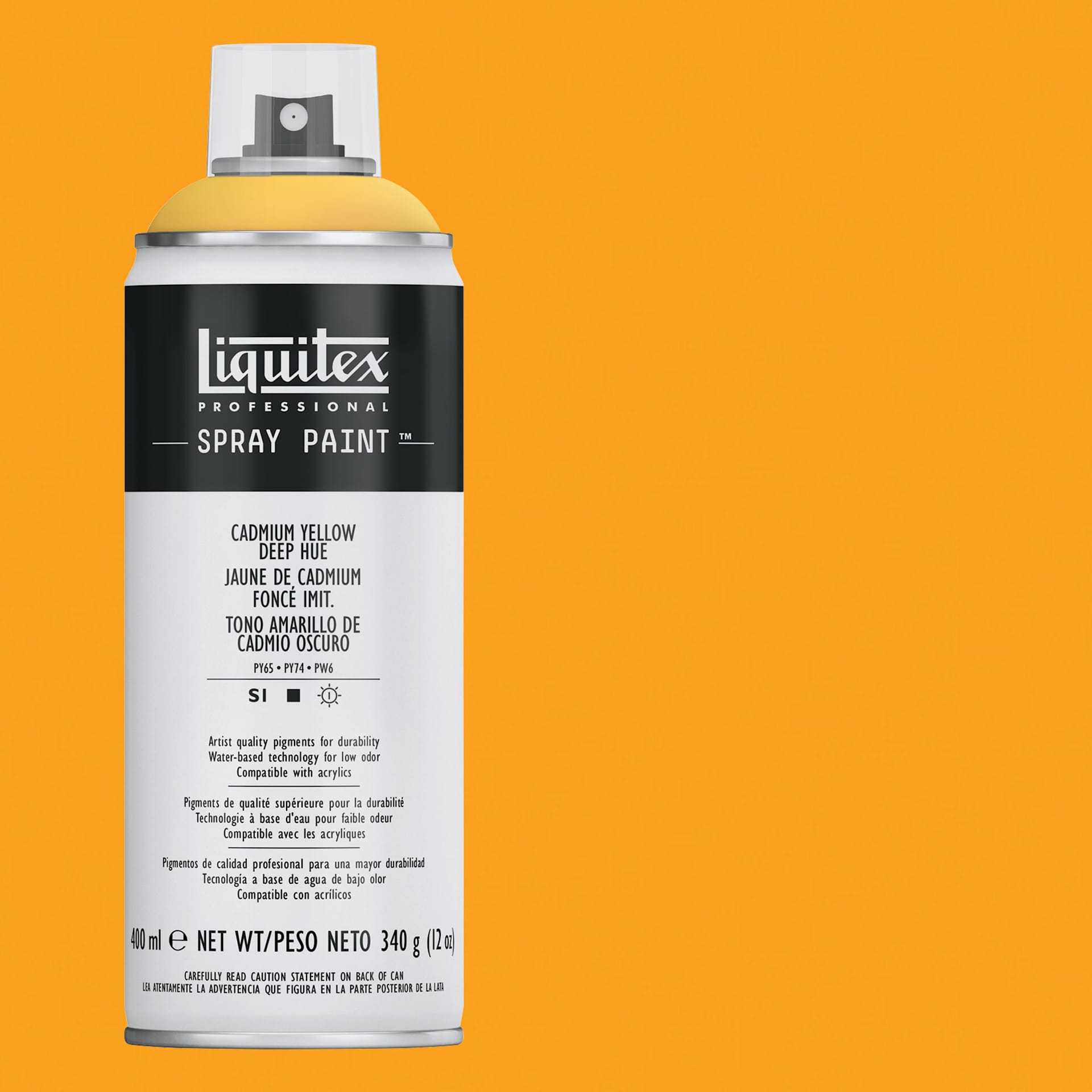 Liquitex Professional Spray Paint - Cadmium Yellow Deep Hue, 400 ml can and swatch