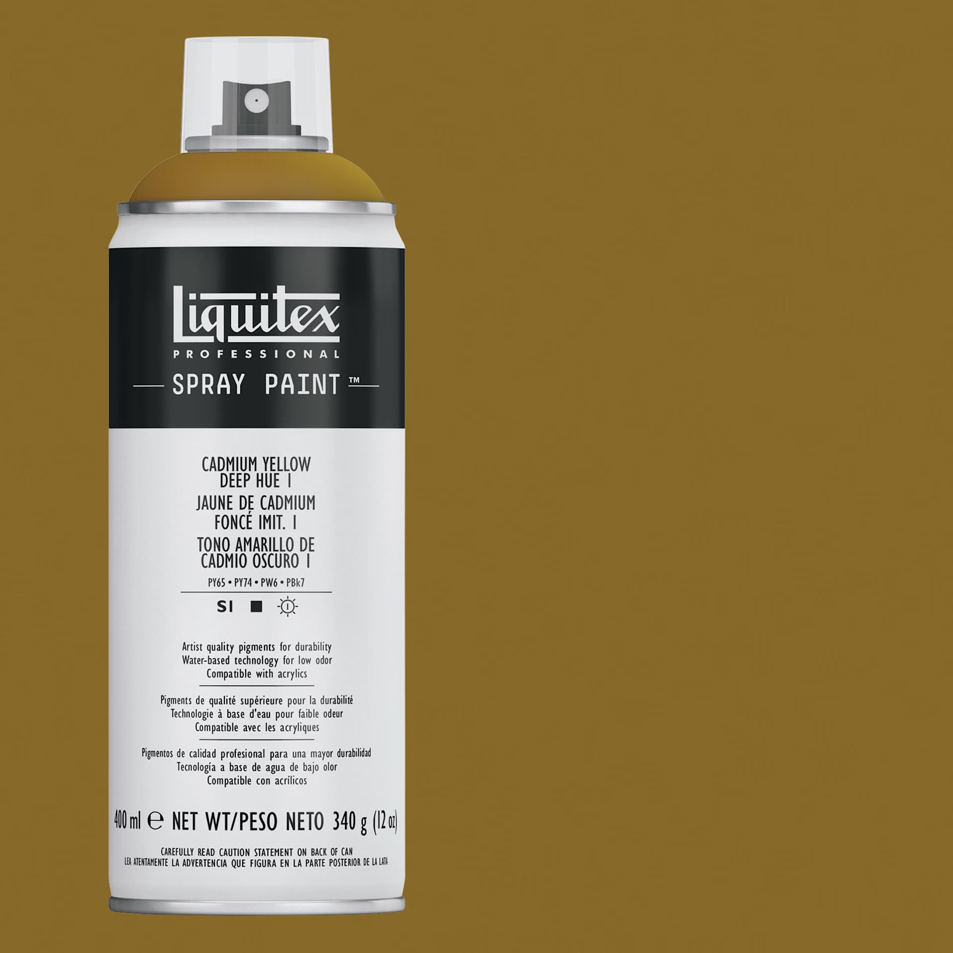 Liquitex Professional Spray Paint - Cadmium Yellow Deep Hue 1, 400 ml can and swatch