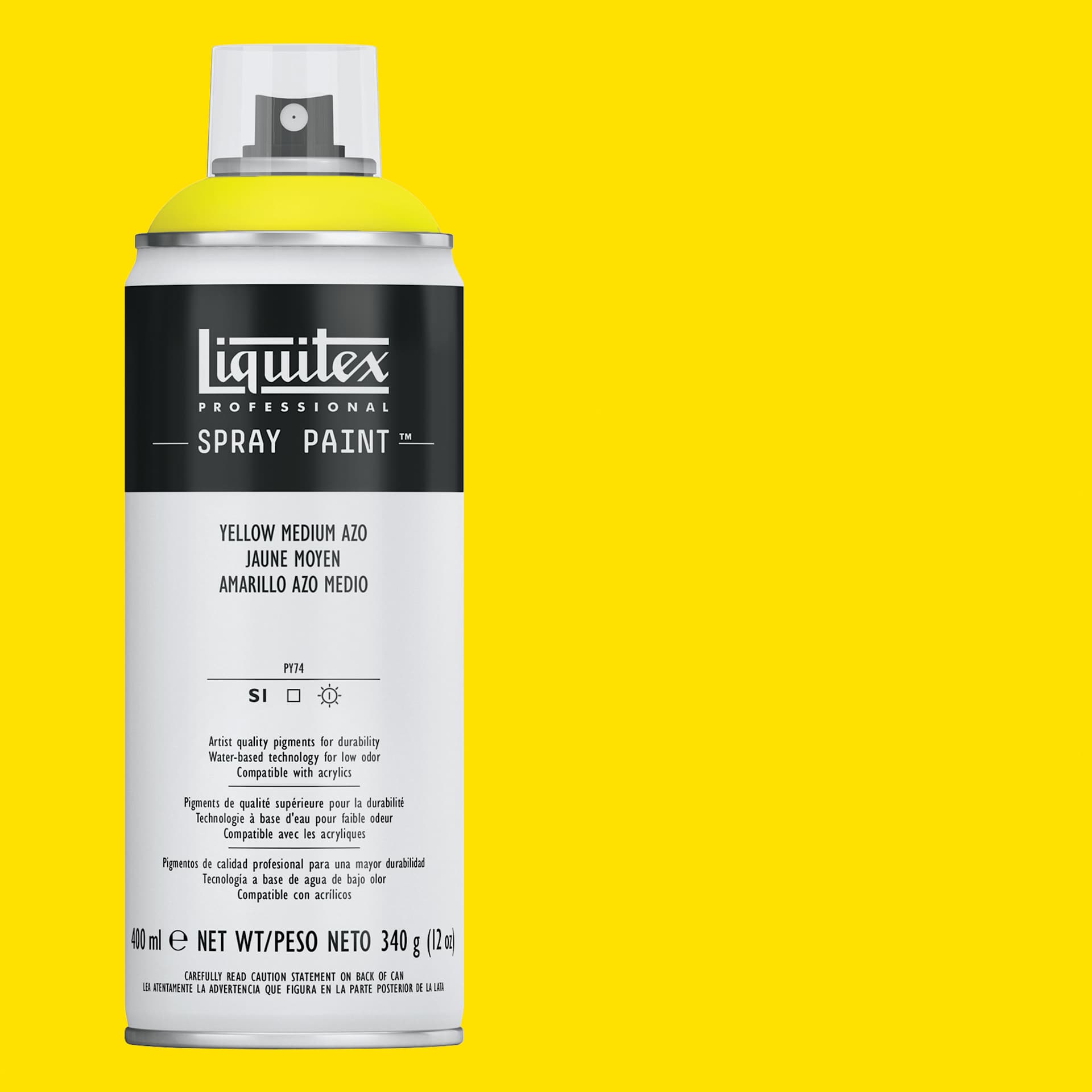 Liquitex Professional Spray Paint - Yellow Medium Azo, 400 ml can and swatch