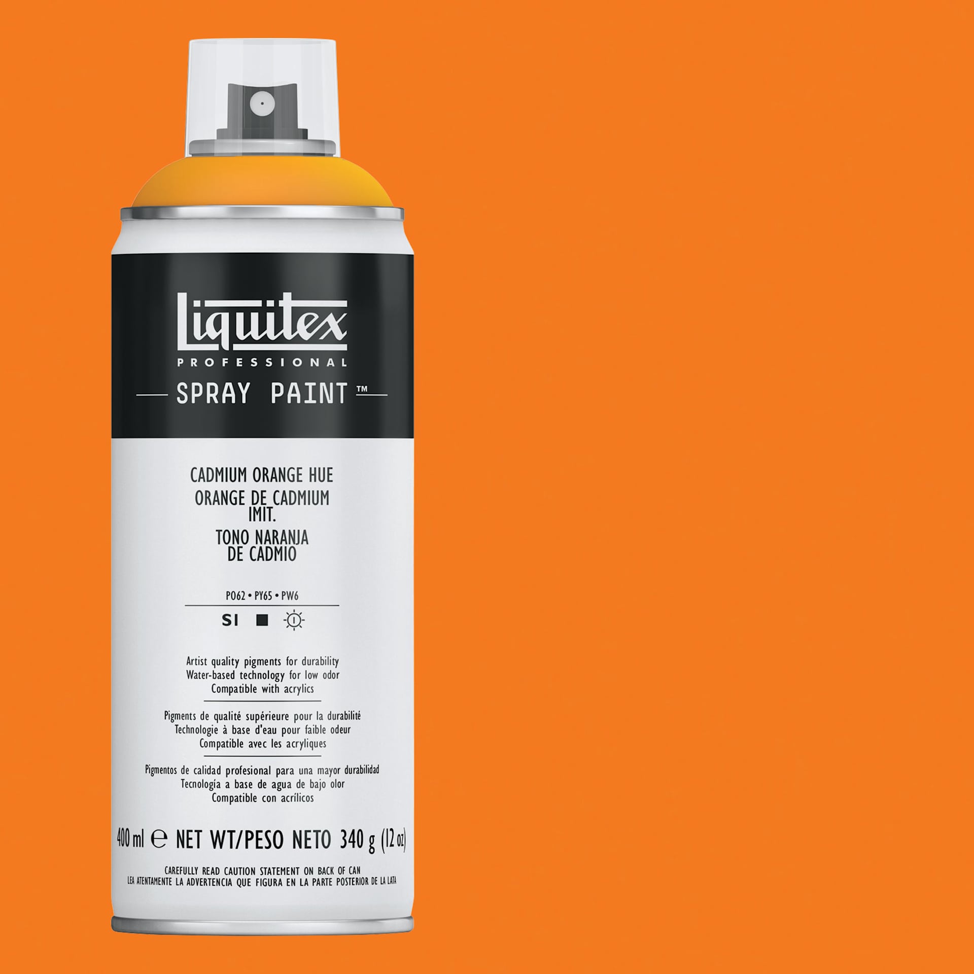 Liquitex Professional Spray Paint - Cadmium Orange Hue, 400 ml can and swatch