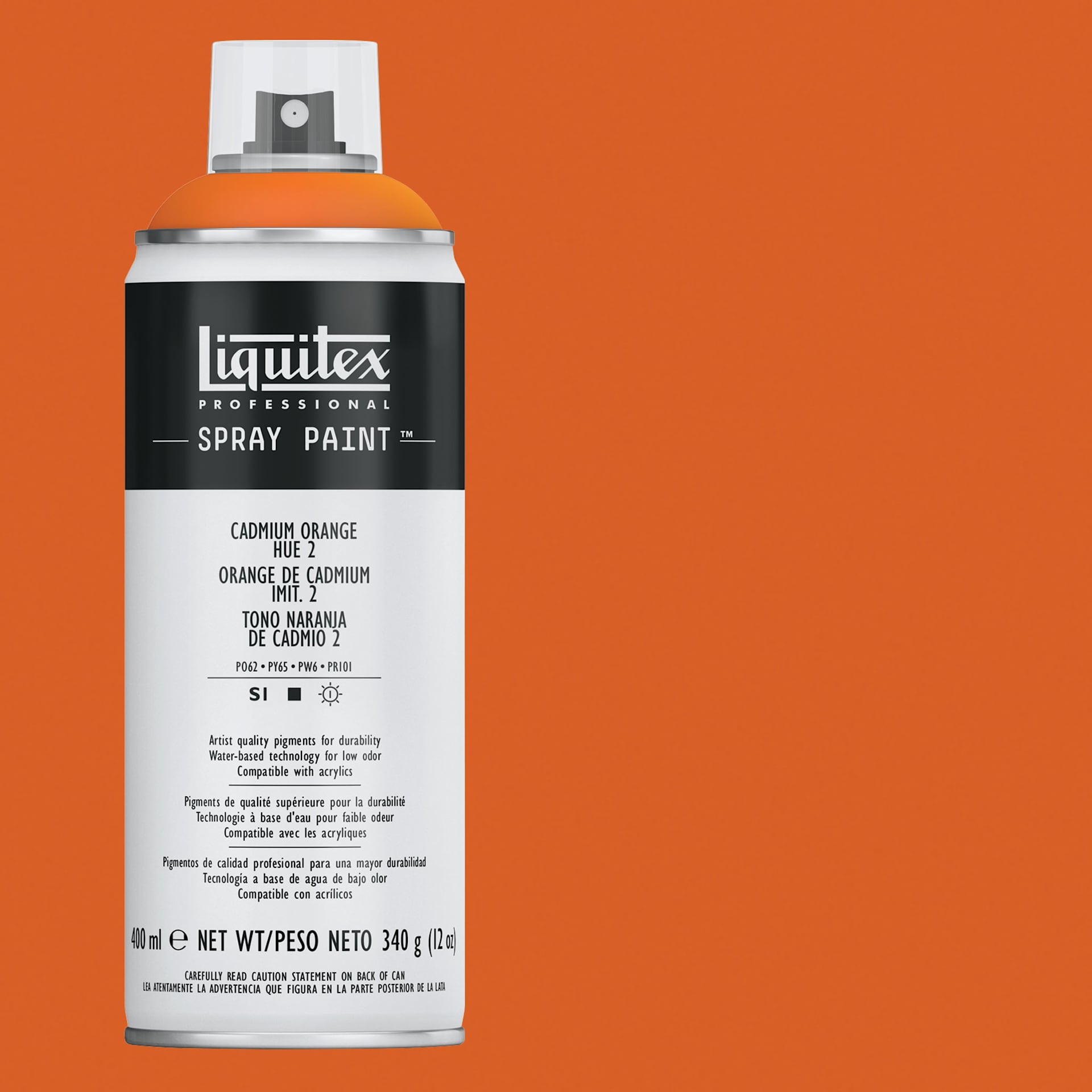Liquitex Professional Spray Paint - Cadmium Orange Hue 2, 400 ml can and swatch