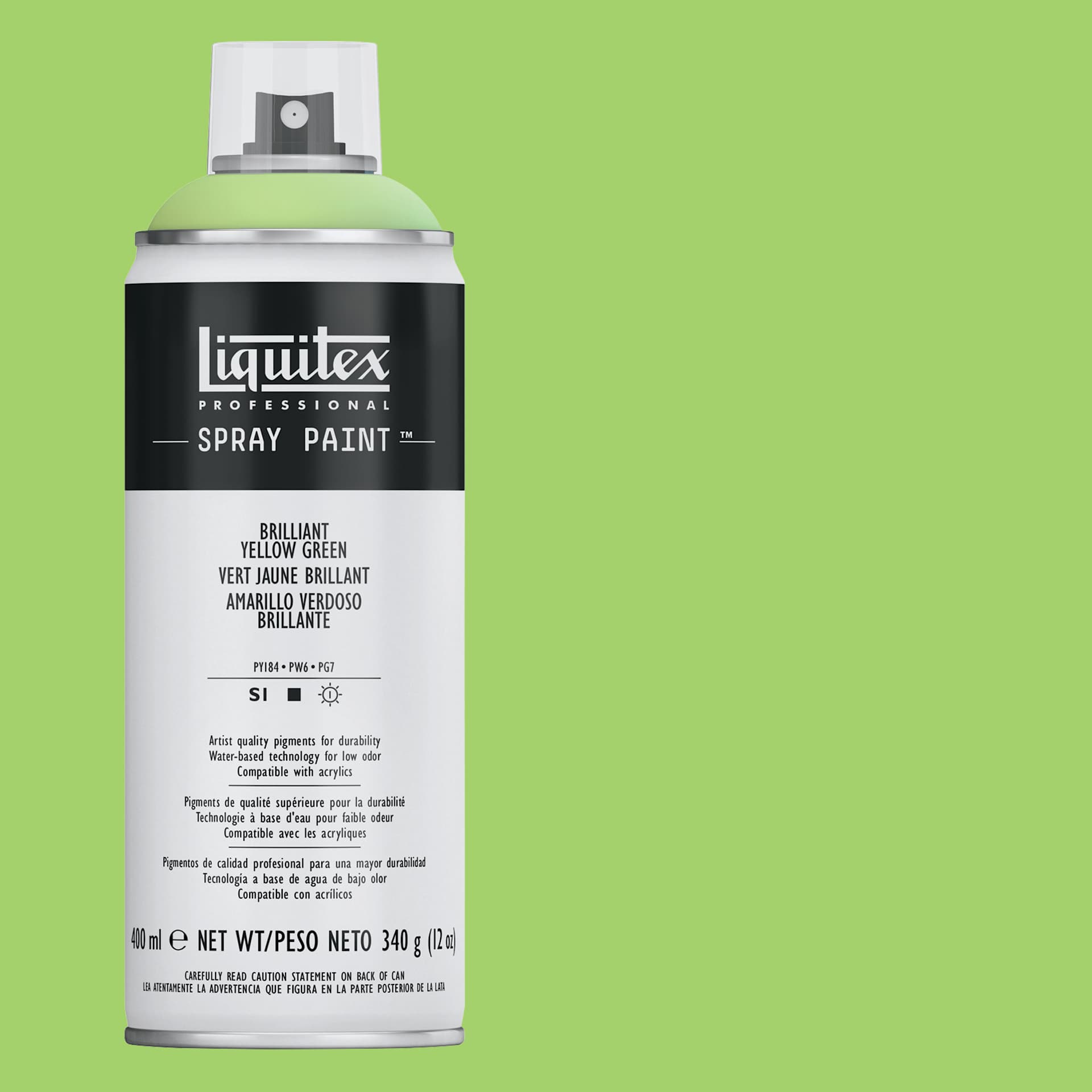 Liquitex Professional Spray Paint - Brilliant Yellow Green, 400 ml can and swatch