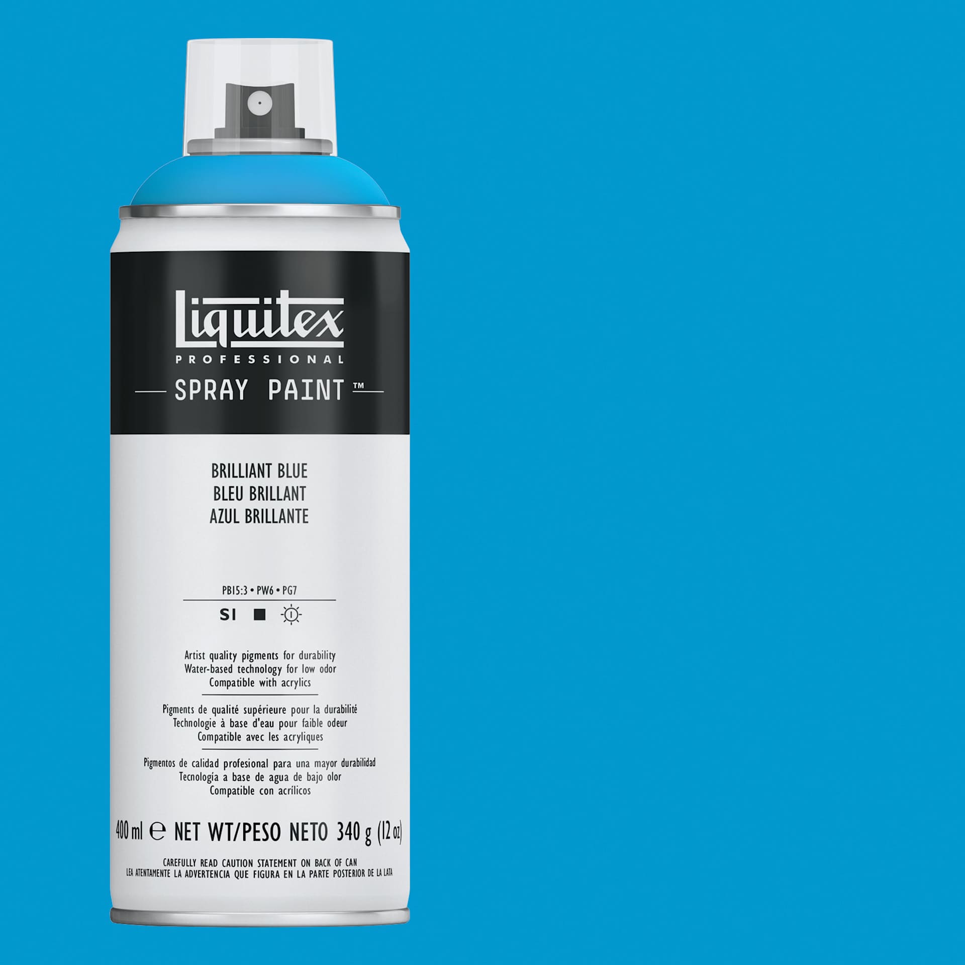 Liquitex Professional Spray Paint - Brilliant Blue, 400 ml can and swatch
