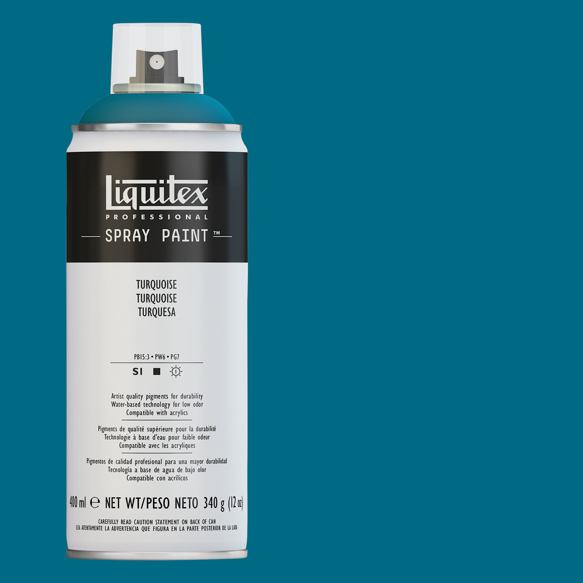 Liquitex Professional Spray Paint - Turquoise, 400 ml can and swatch