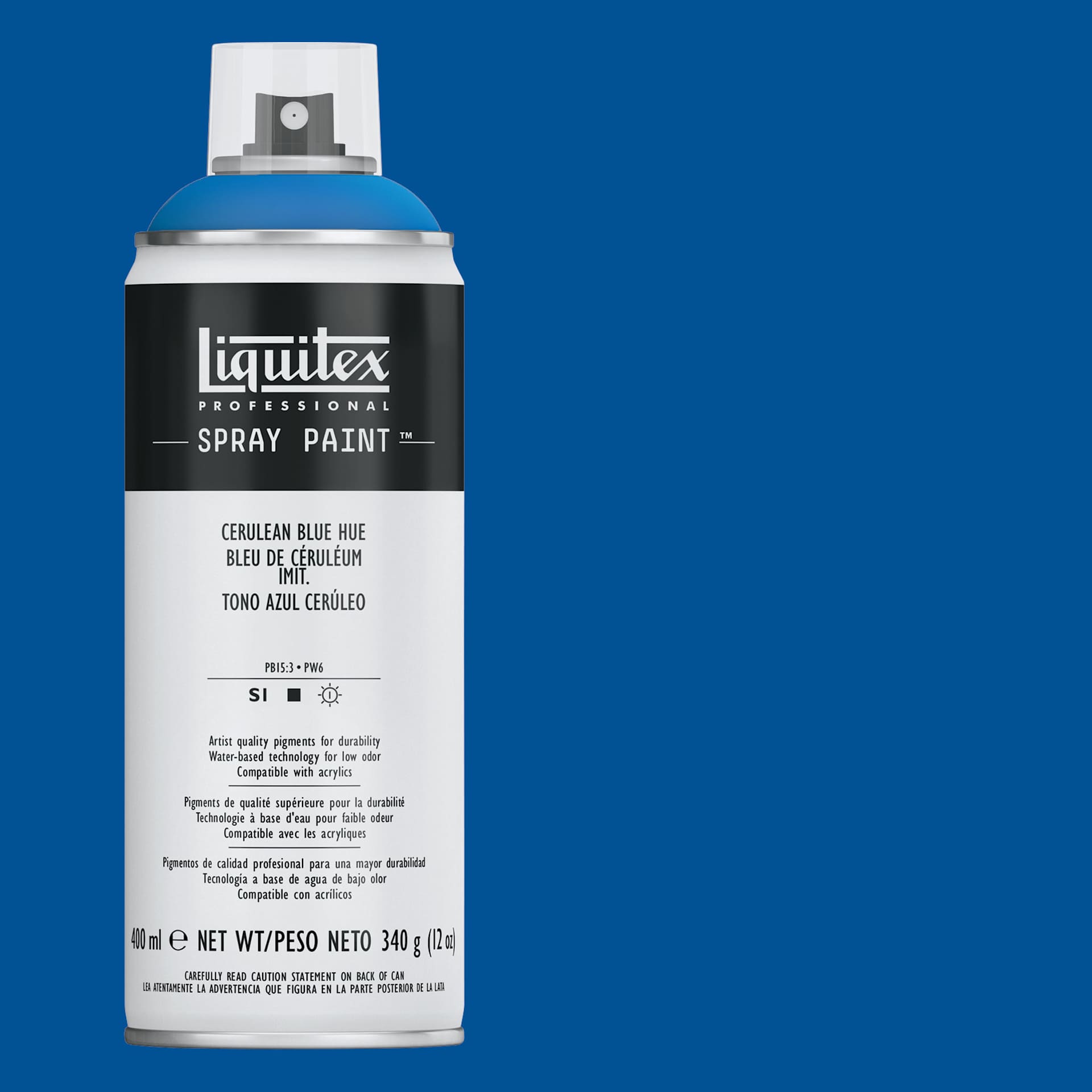 Liquitex Professional Spray Paint - Cerulean Blue Hue, 400 ml can and swatch