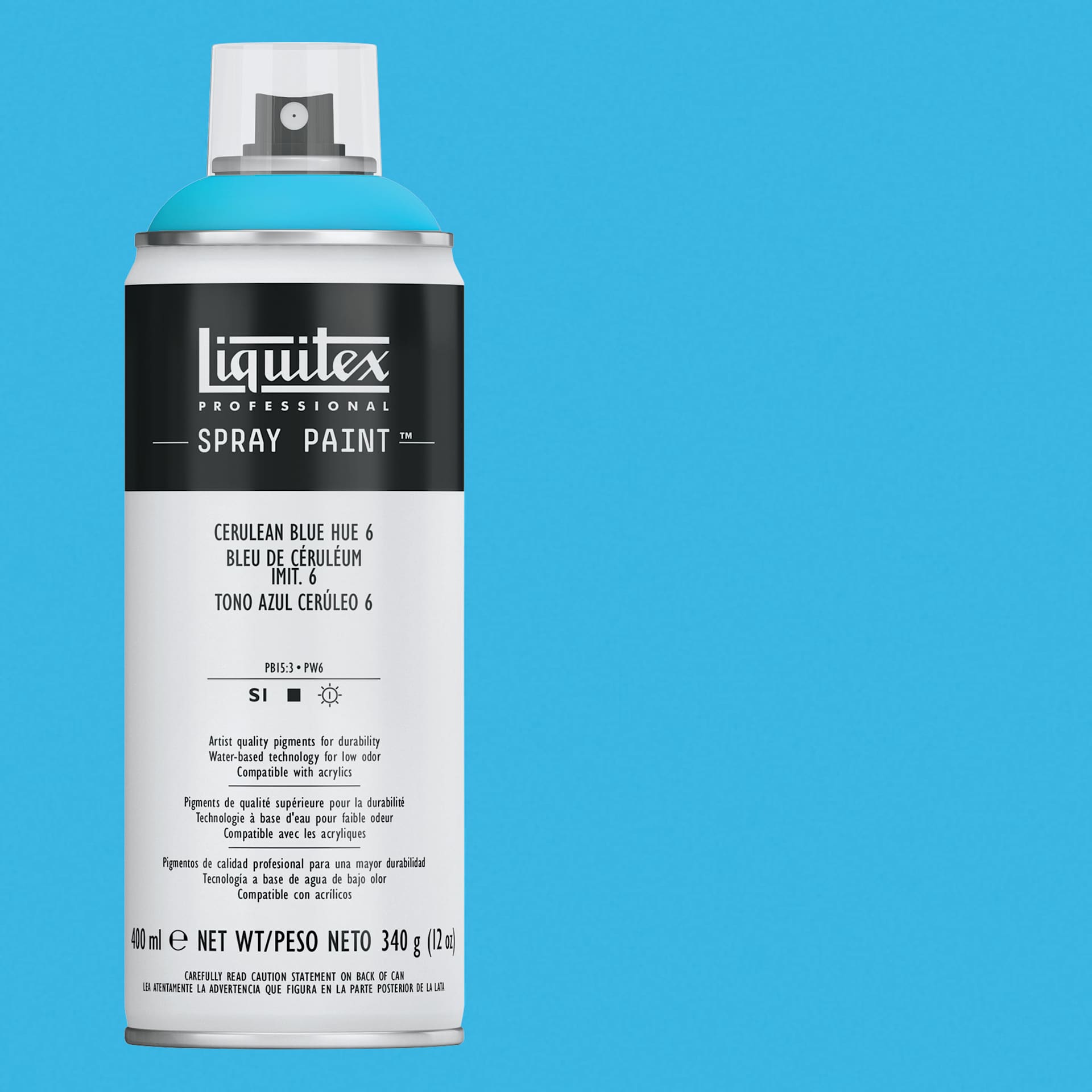 Liquitex Professional Spray Paint - Cerulean Blue Hue 6, 400 ml can and swatch