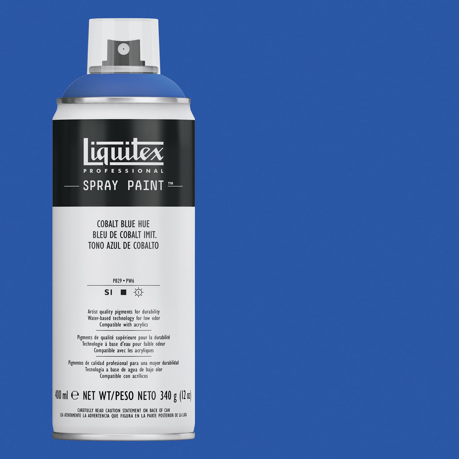 Liquitex Professional Spray Paint - Cobalt Blue Hue, 400 ml can and swatch