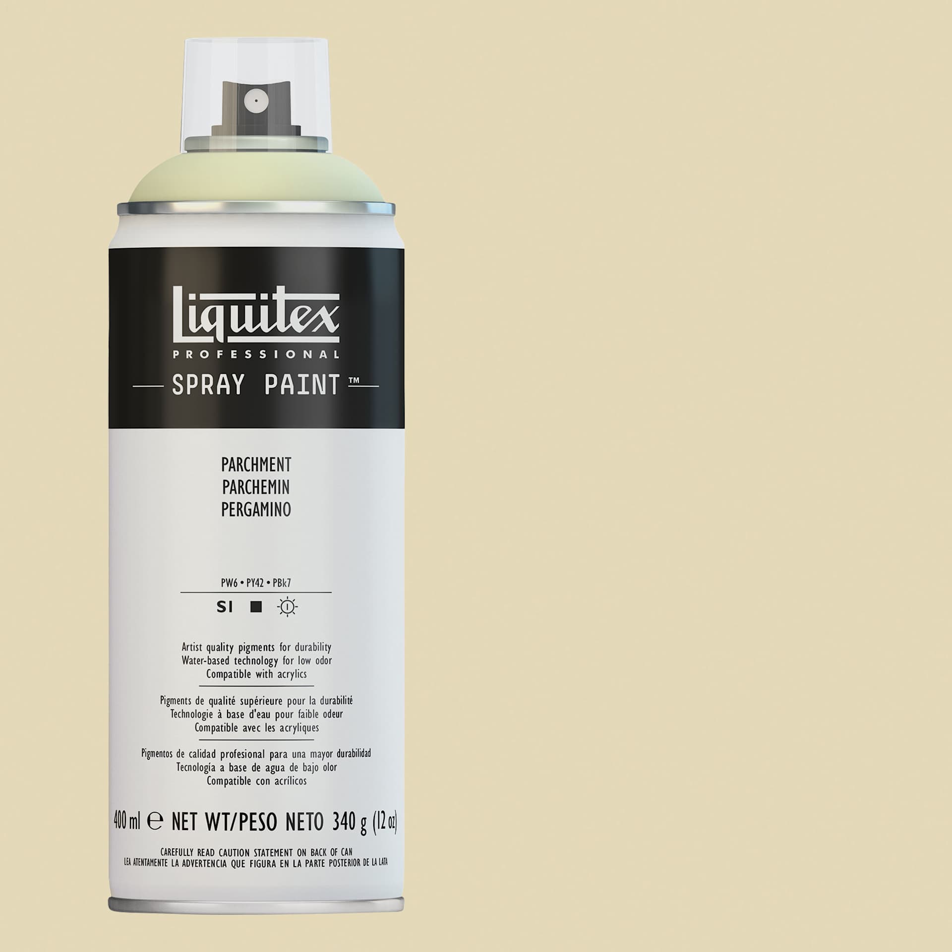 Liquitex Professional Spray Paint - Parchment, 400 ml can and swatch