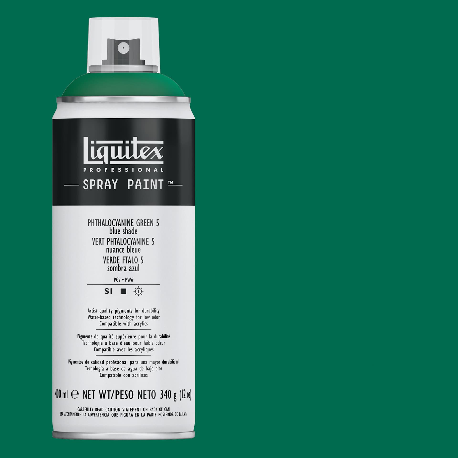 Liquitex Professional Spray Paint - Phthalo Green (Blue Shade) 5, 400 ml can and swatch