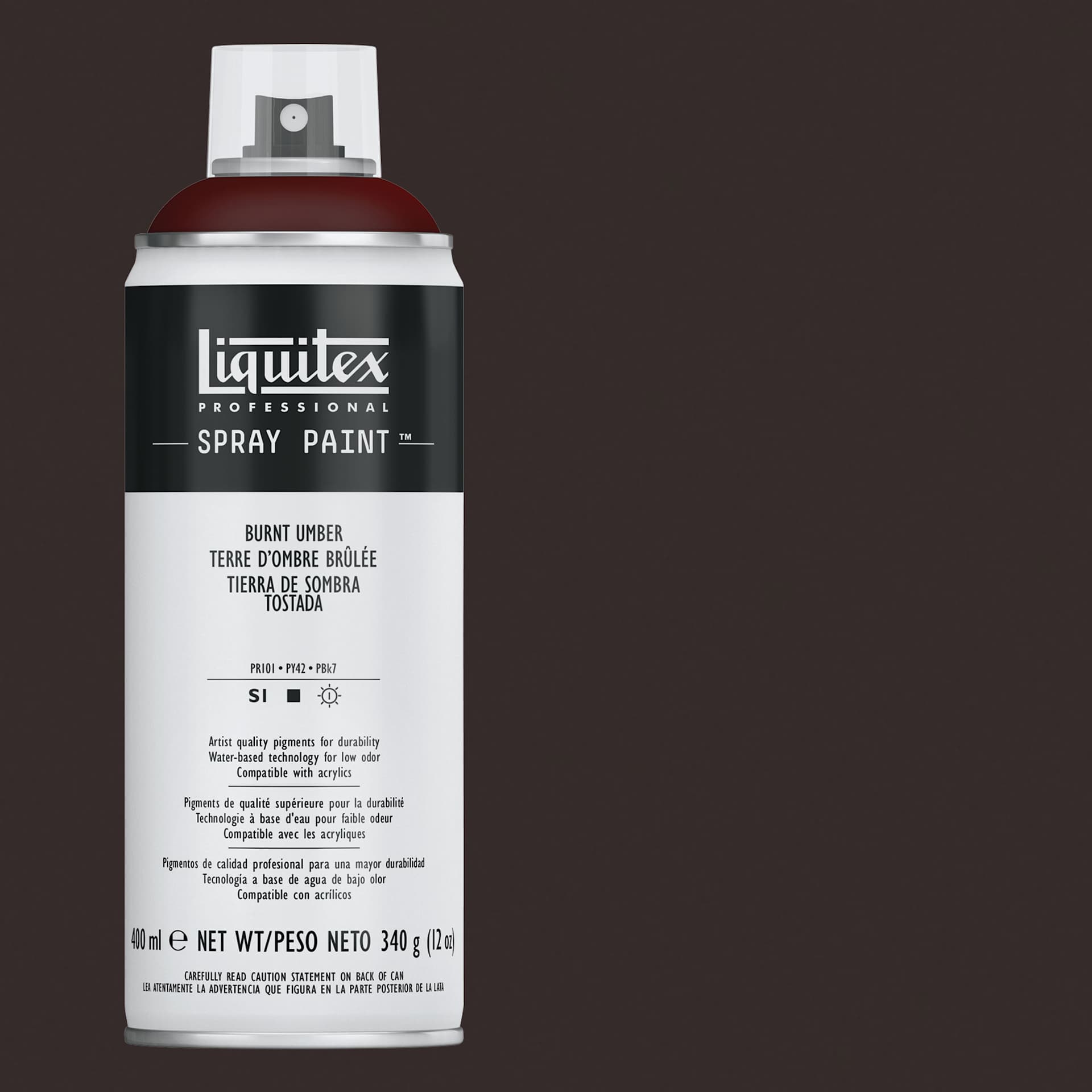 Liquitex Professional Spray Paint - Burnt Umber, 400 ml can and swatch