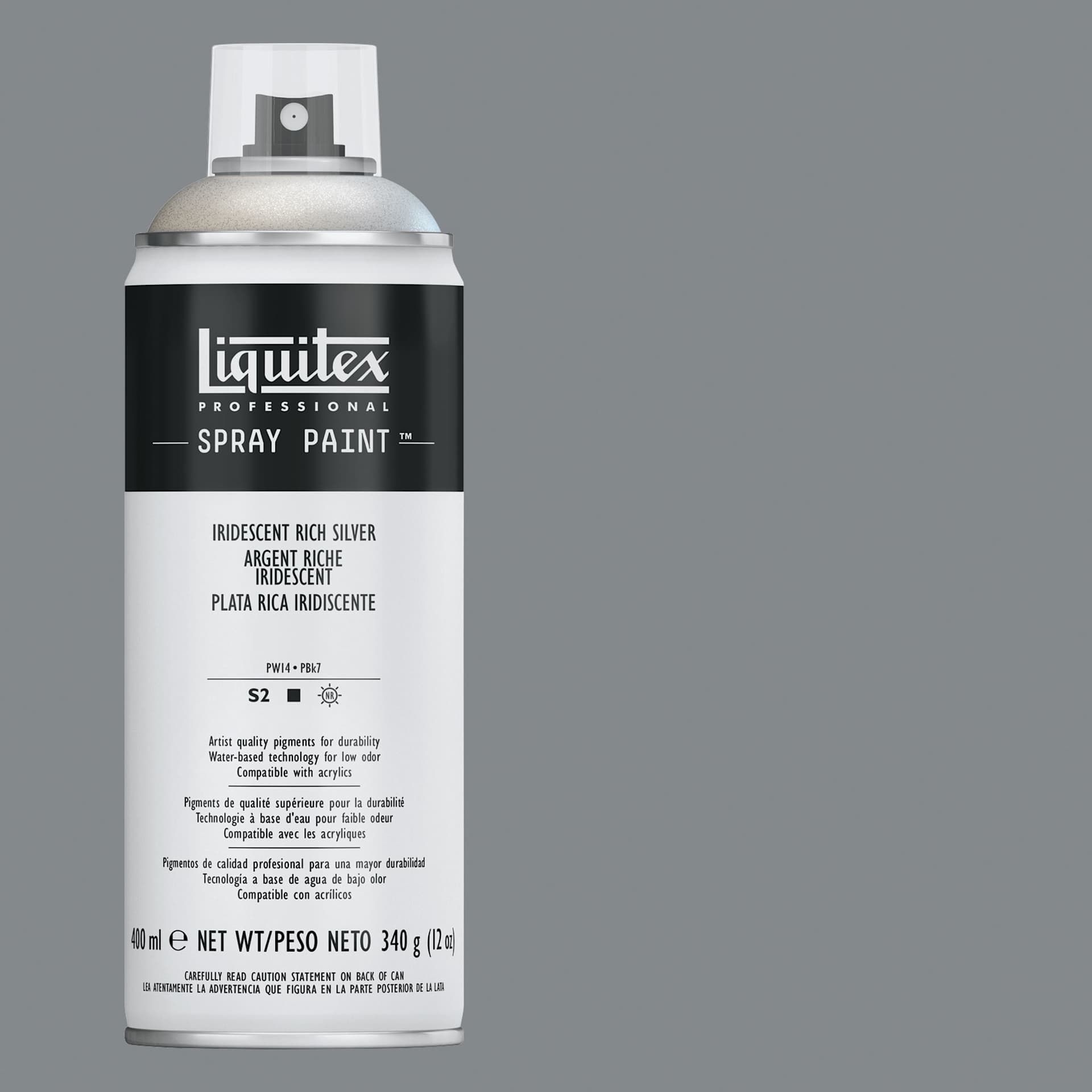 Liquitex Professional Spray Paint - Iridescent Rich Silver, 400 ml can and swatch