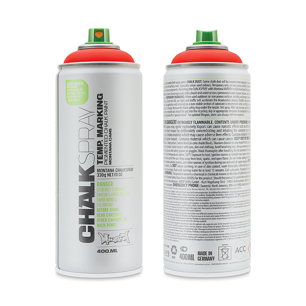 Montana Chalk Spray Paint - 400 ml, Red (Front and back of spray can)