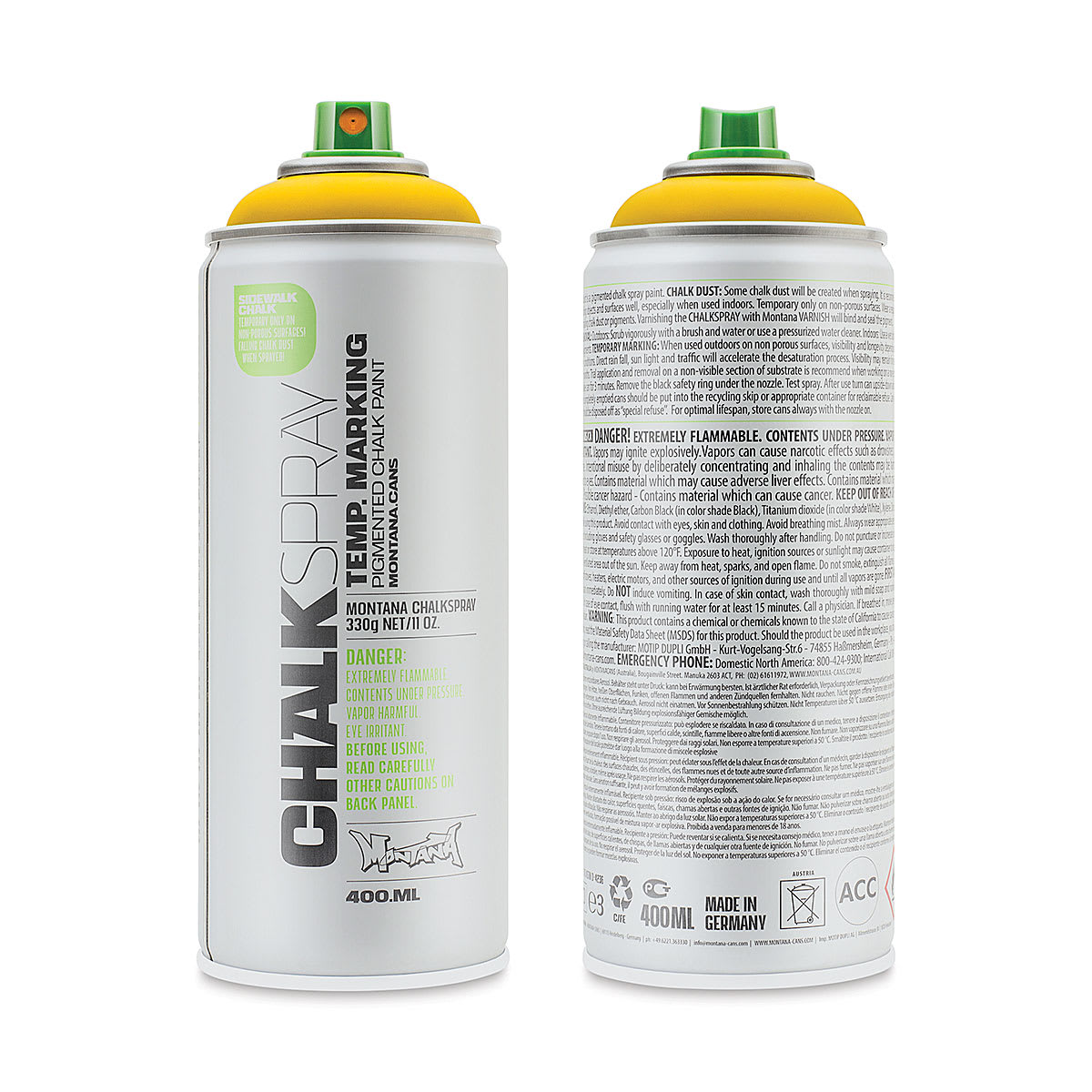 Montana Chalk Spray Paint - 400 ml, Yellow (Front and back of spray can)
