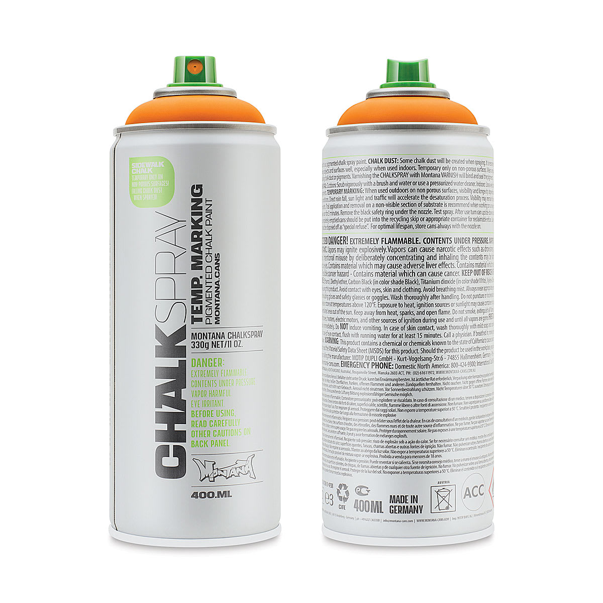 Montana Chalk Spray Paint - 400 ml, Orange (Front and back of spray can)