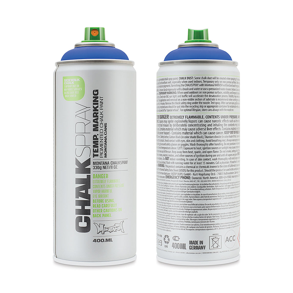Montana Chalk Spray Paint - 400 ml, Blue (Front and back of spray can)