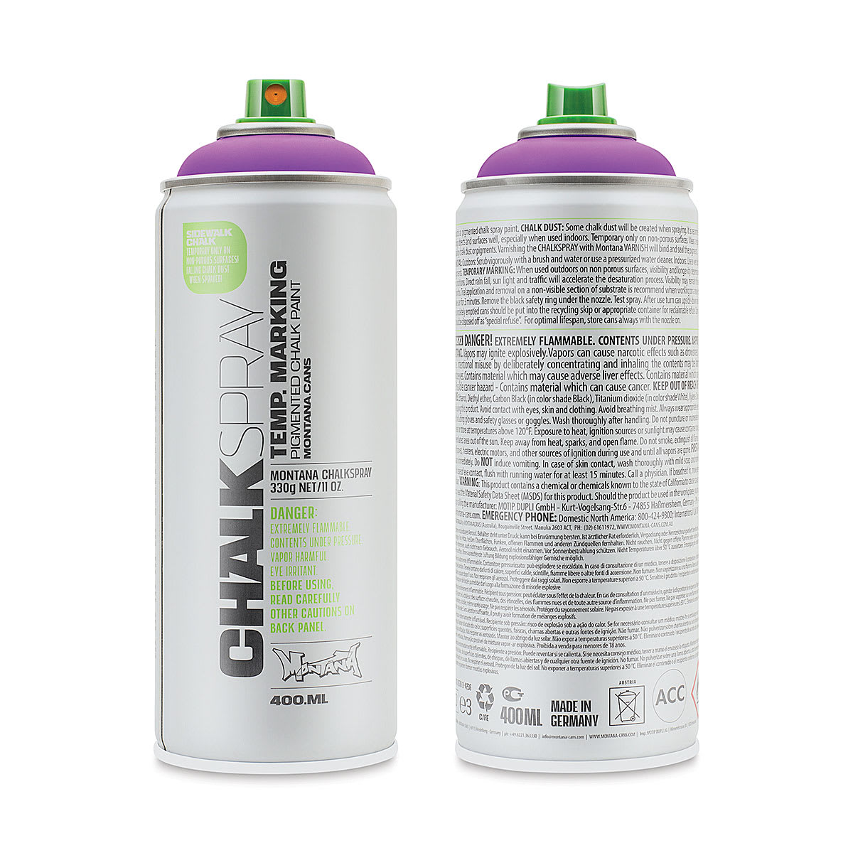 Montana Chalk Spray Paint - 400 ml, Violet (Front and back of spray can)