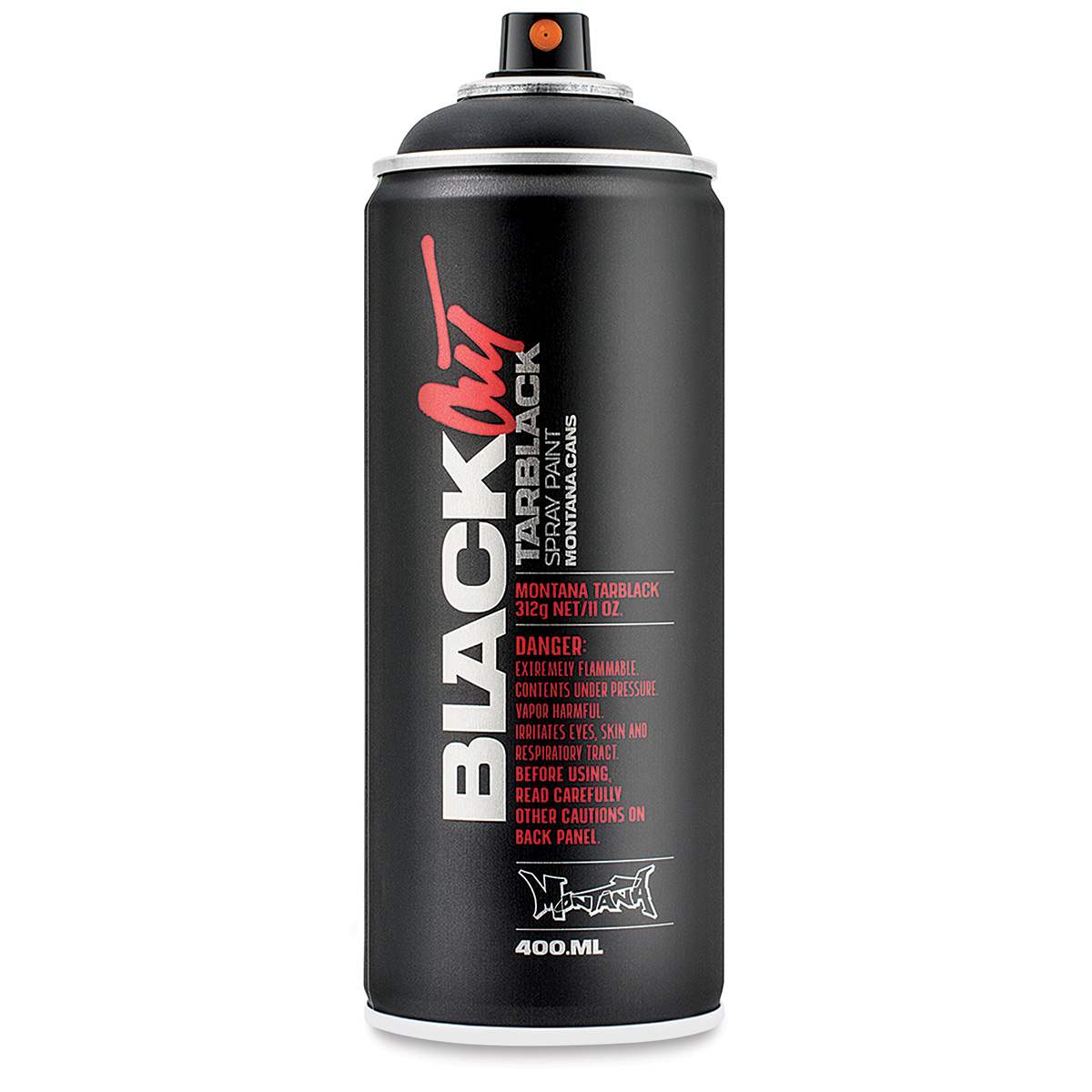Montana Blackout Tarblack Spray Paint - Front of uncapped can shown